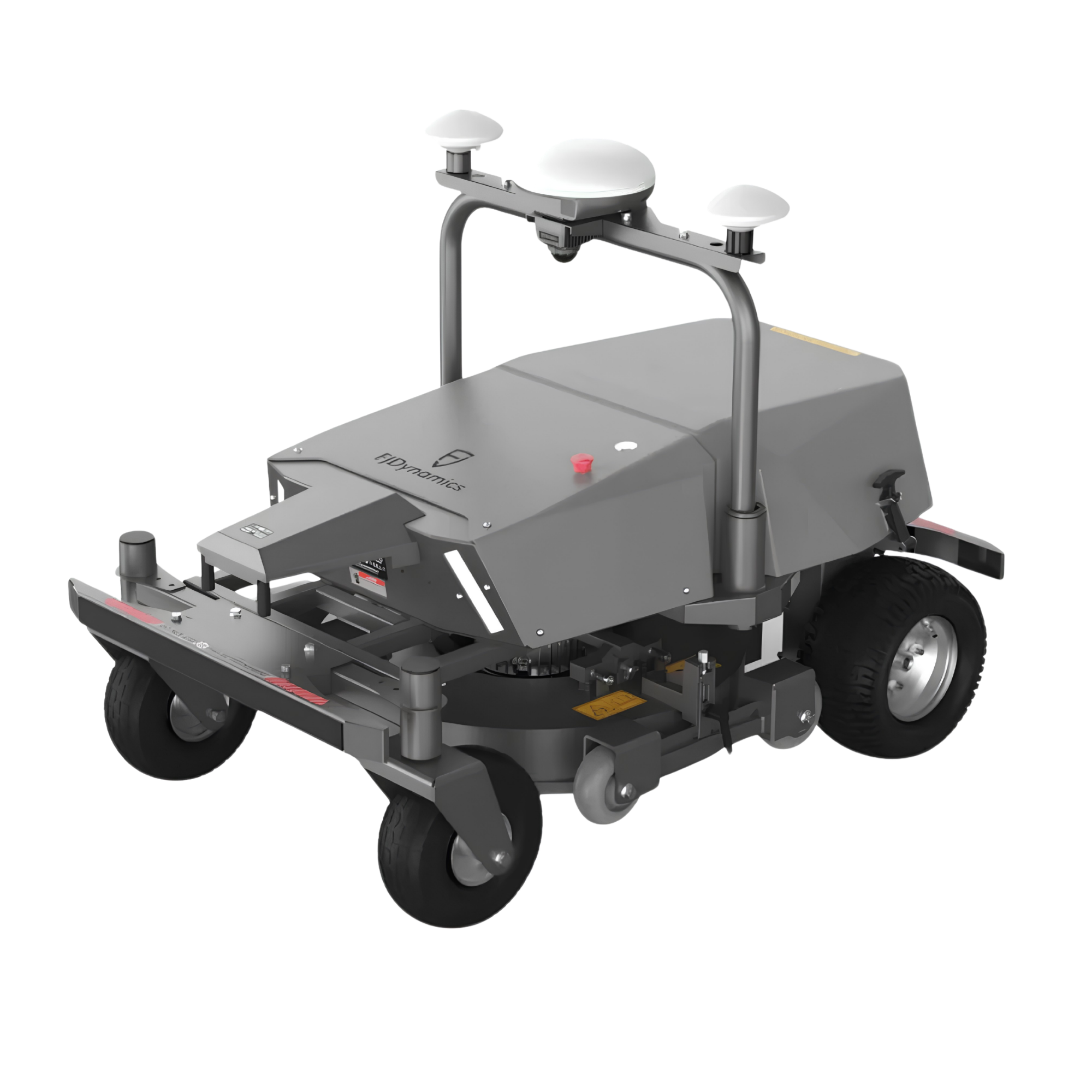 Autonomous delivery robot with sensors and platform, branded 'FIDYNAMICS,' on black background.