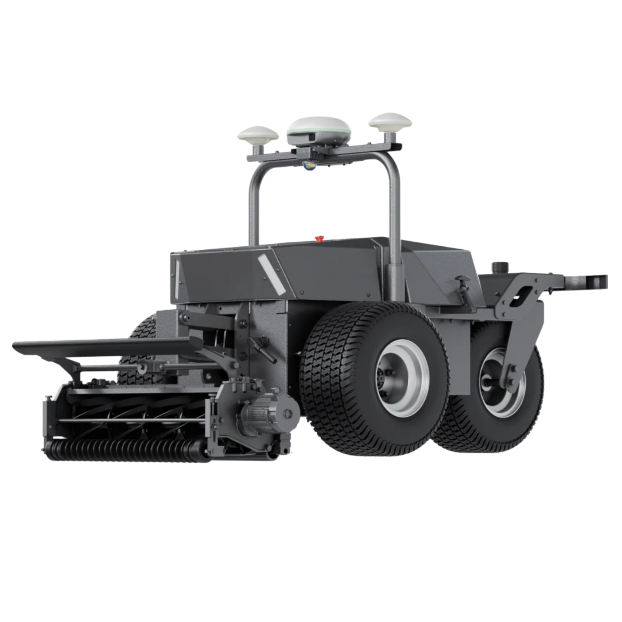 Close-up of a robotic vehicle with sensors, wheels, and mechanical components against a black background.
