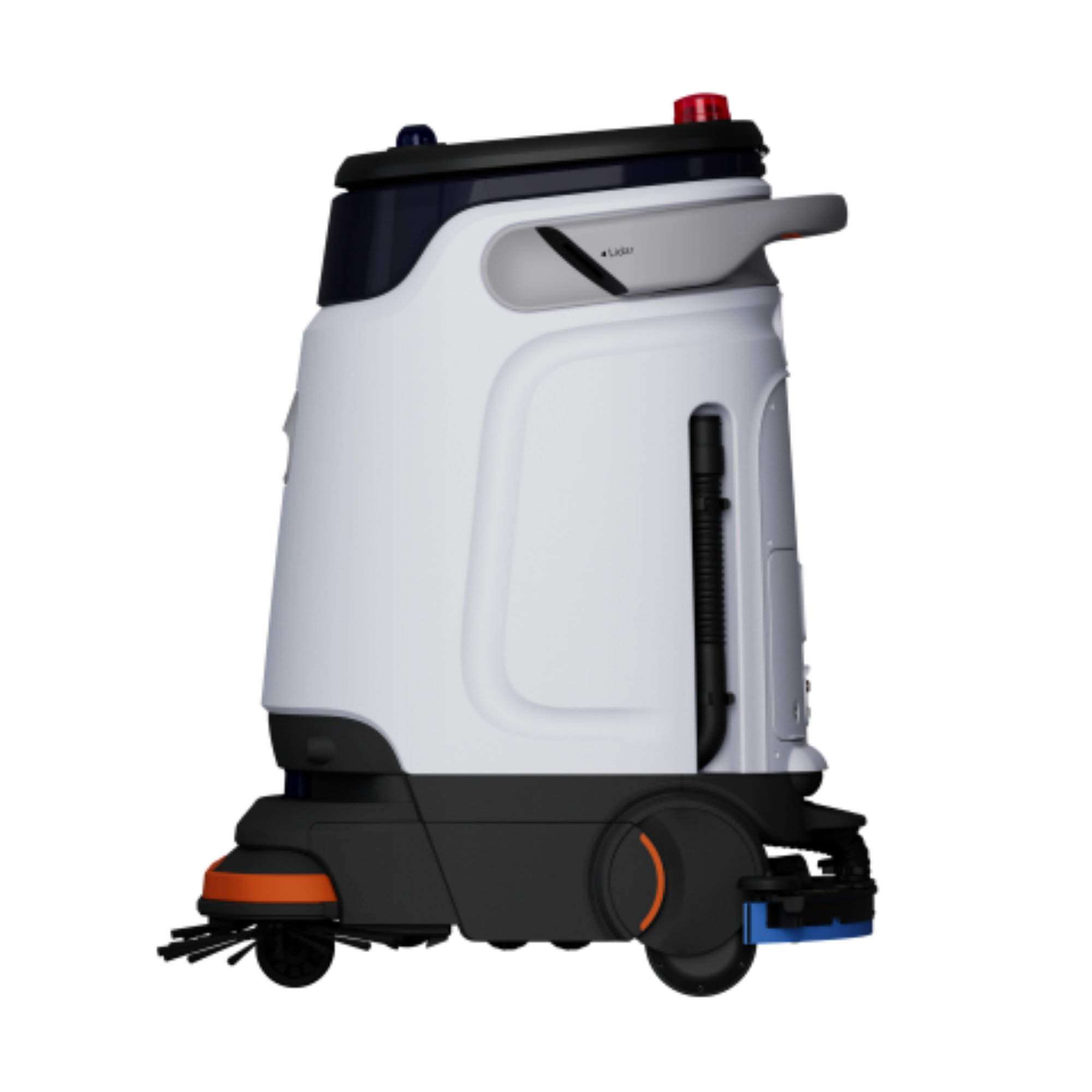 A modern robotic vacuum cleaner with a white body, black accents, and orange wheels.