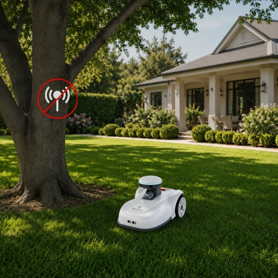 A robotic lawn mower on the grass near a tree with a no Wi-Fi signal sign on the tree, in front of a house with a porch and bushes.
