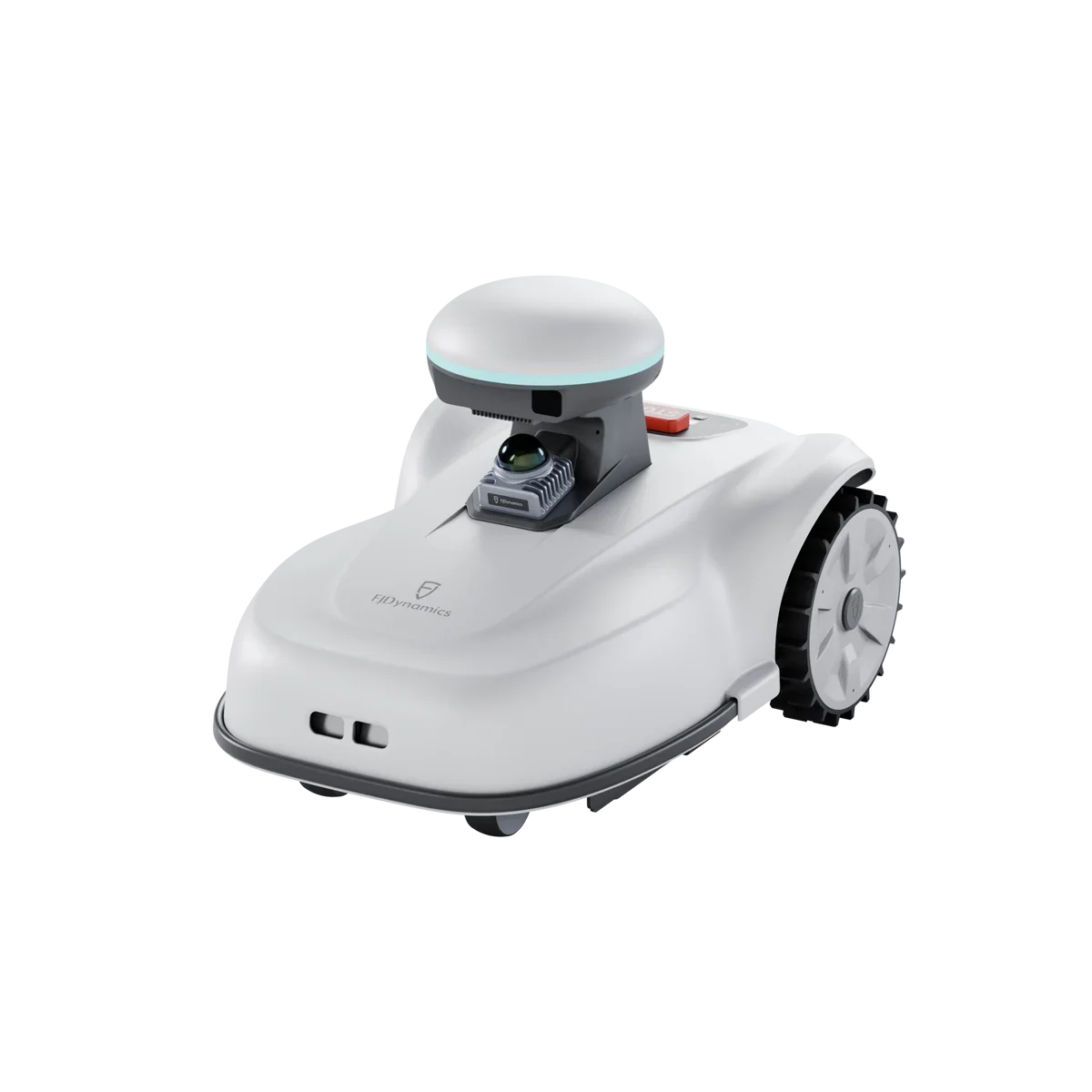 Autonomous robot with a white body, large wheels, and a sensor on top.