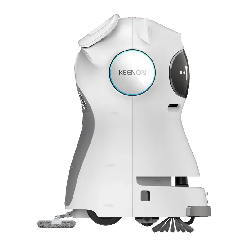 A white autonomous cleaning robot with a circular blue light and the brand name KEENON on its front, equipped with brushes underneath for cleaning floors.