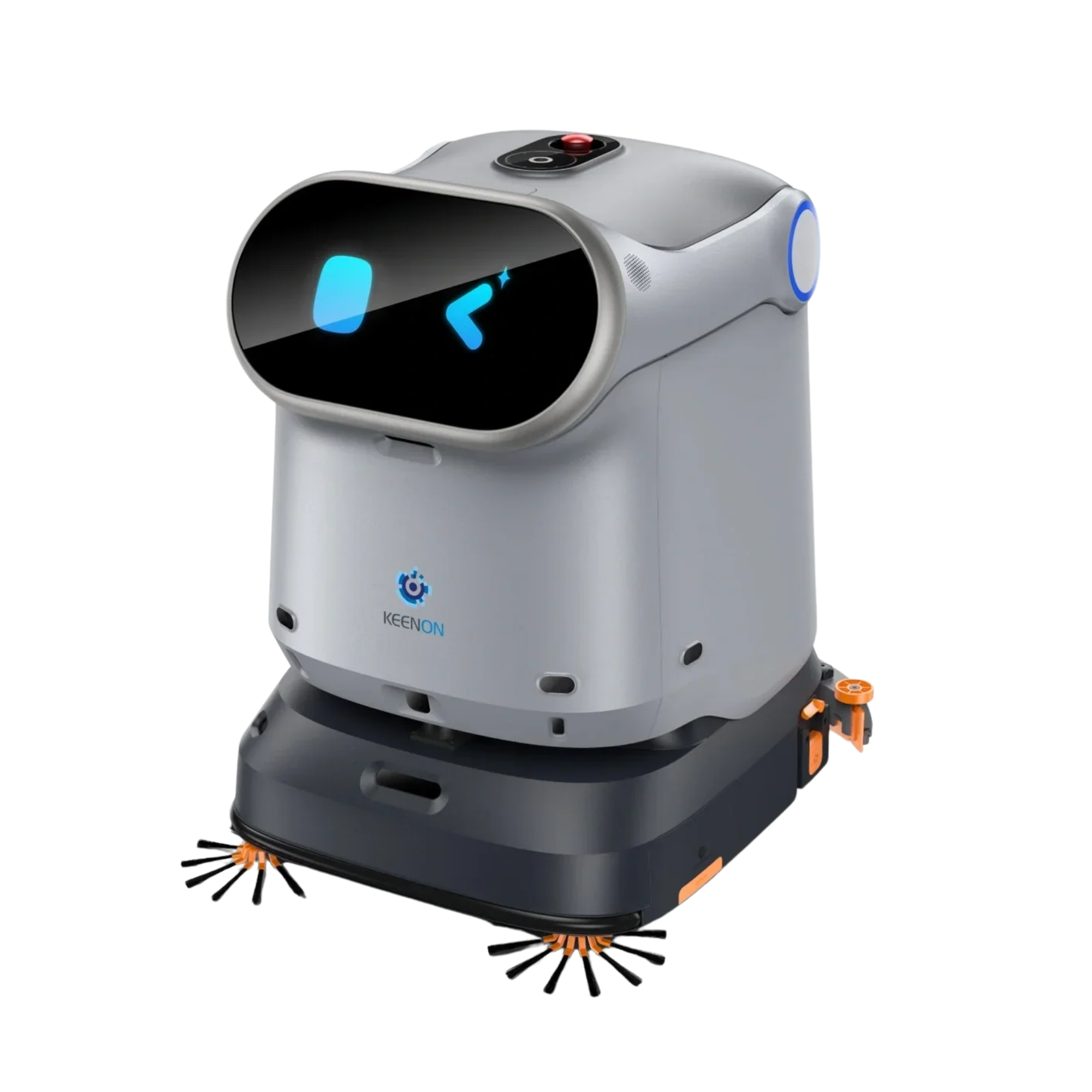 A robot with a sleek white and black design, labeled 'KEENON', featuring a digital face display with a blue smile and a blinking eye. It has orange and black brush-like arms at the bottom, indicating it is a robotic cleaning machine.