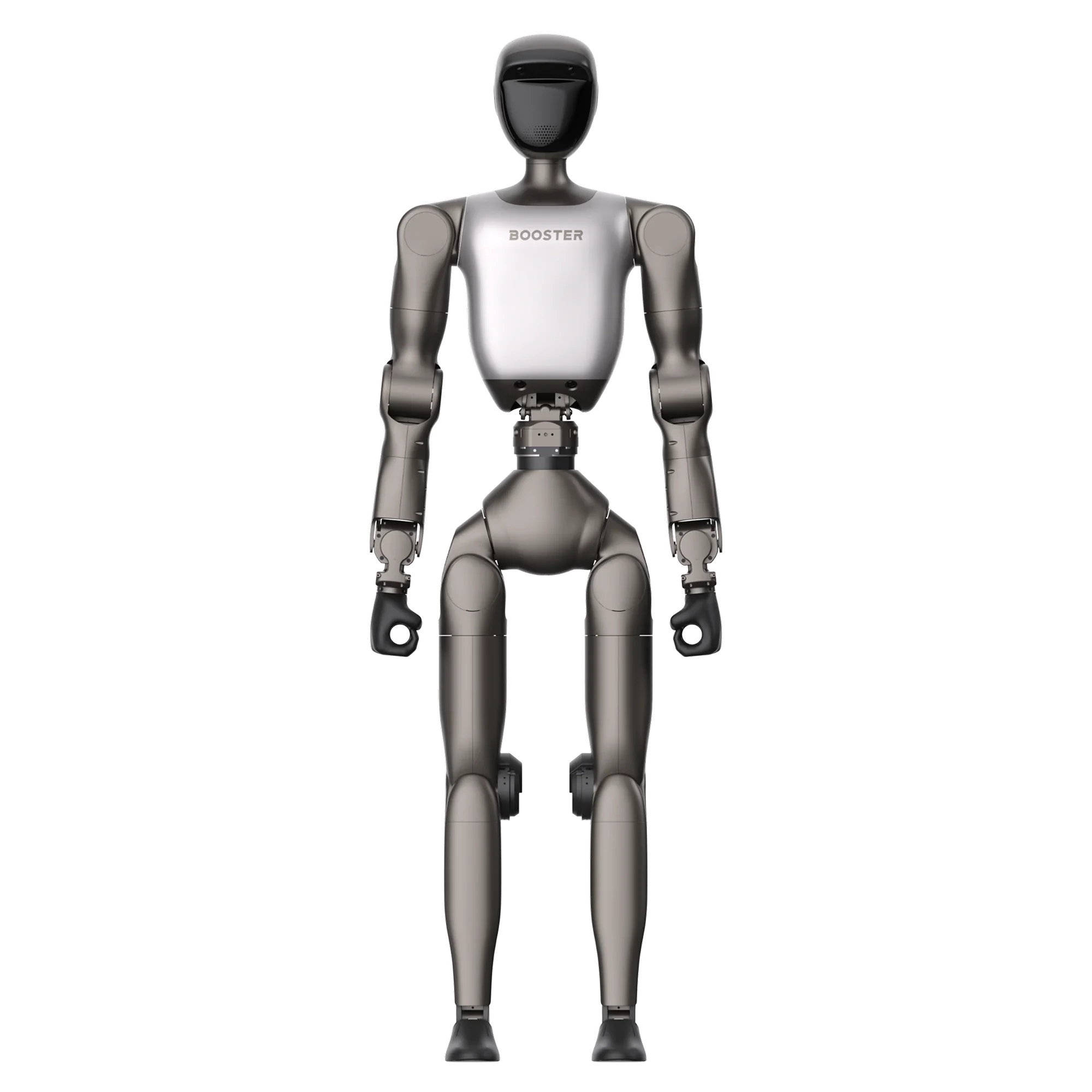 Silver humanoid robot with the word 'BOOSTER' on its chest, standing and facing forward against a black background.