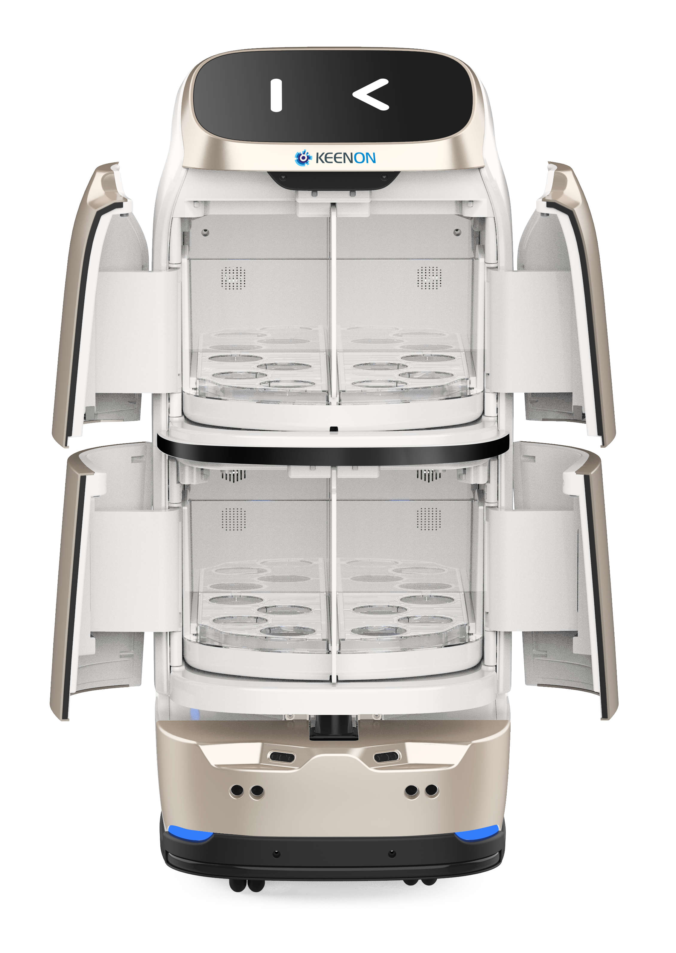 Autonomous delivery robot with a white body and black top, displaying digital symbols indicating open and close doors, branded with the KEENON logo.