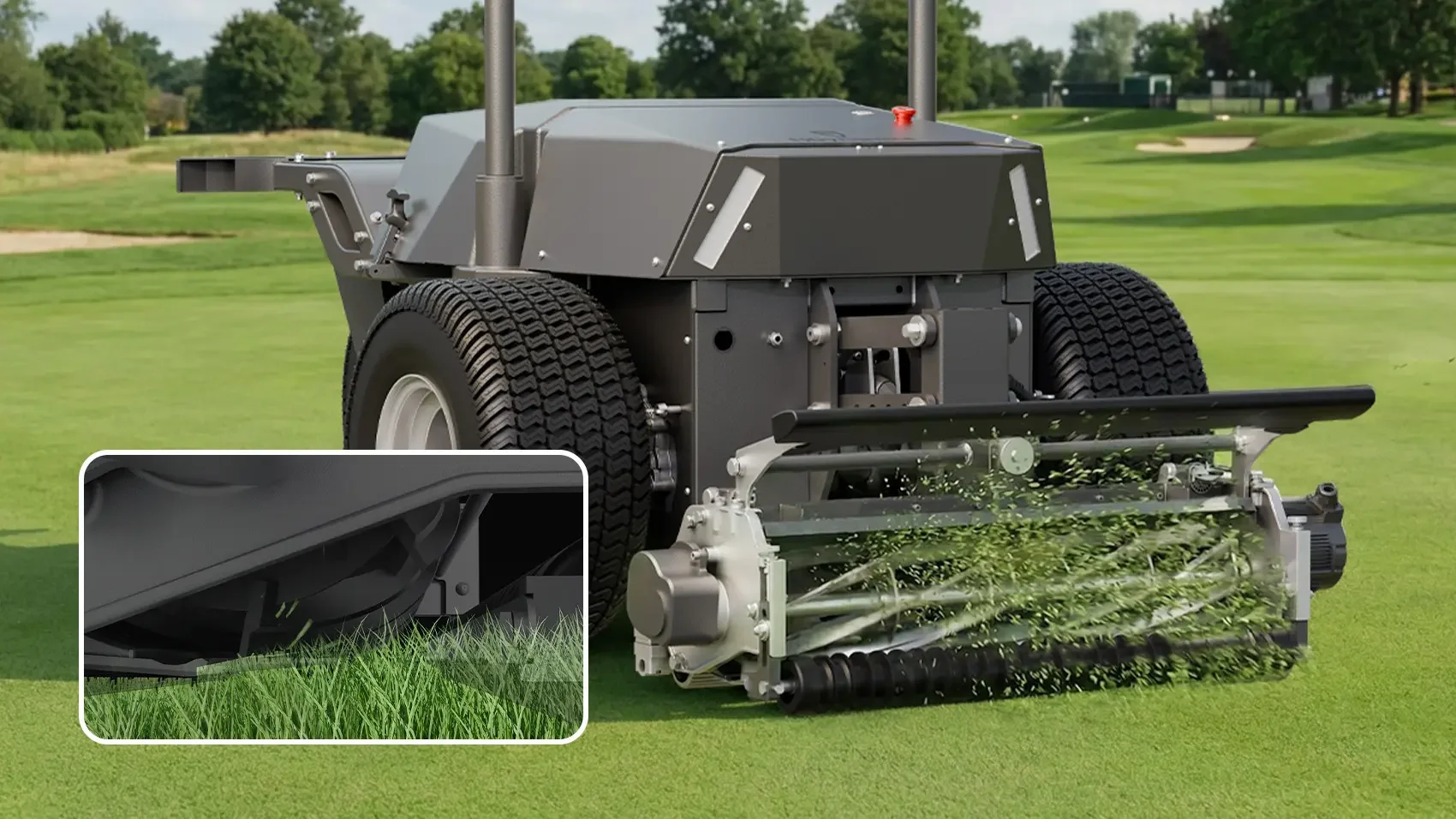 A robotic golf course mower trimming grass on a green fairway, with a close-up inset showing its underside cutting blades.