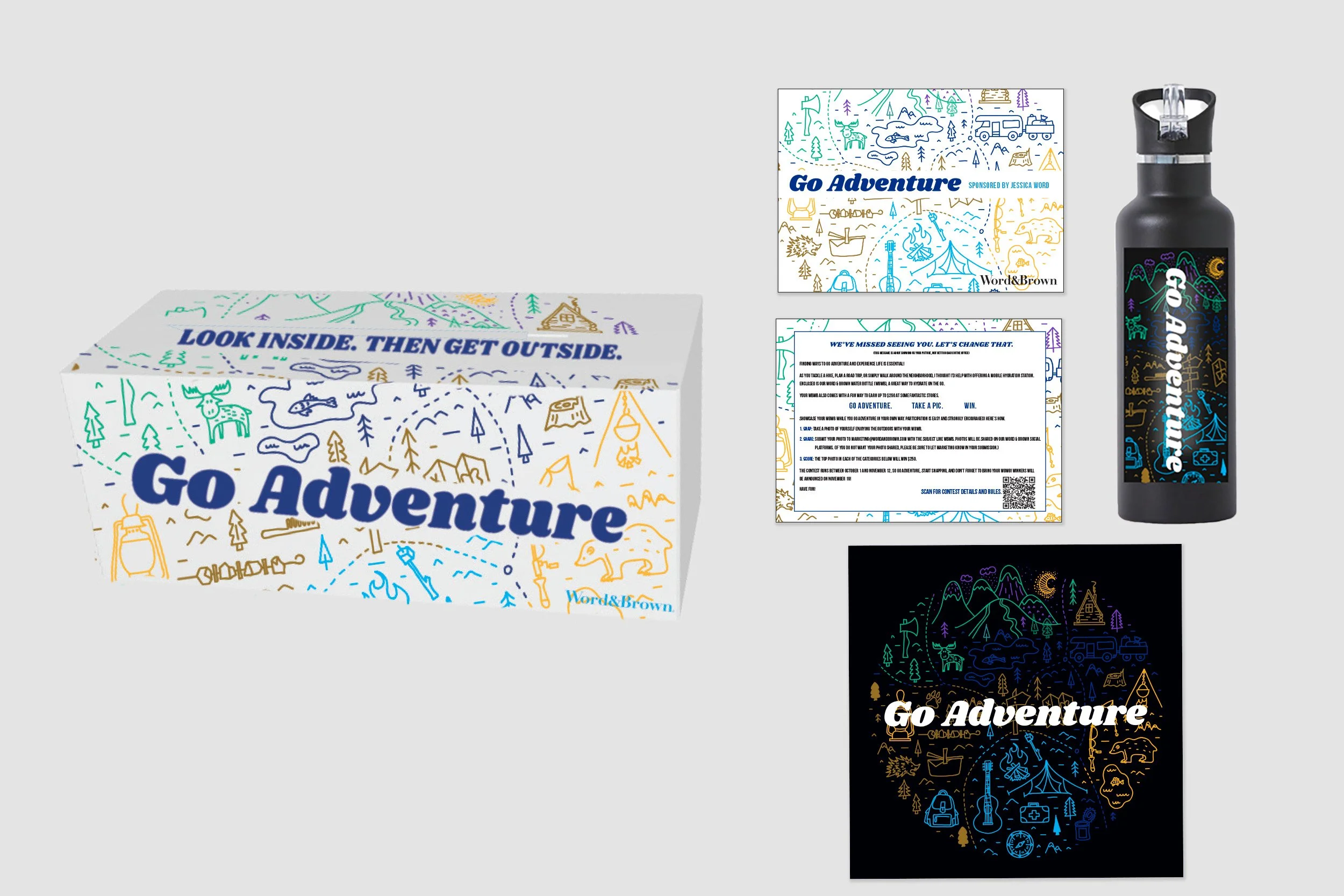 A national park themed adventure map with matching water bottle and bandana.
QR code opens to webpage outlining the contest rules and prizes. 