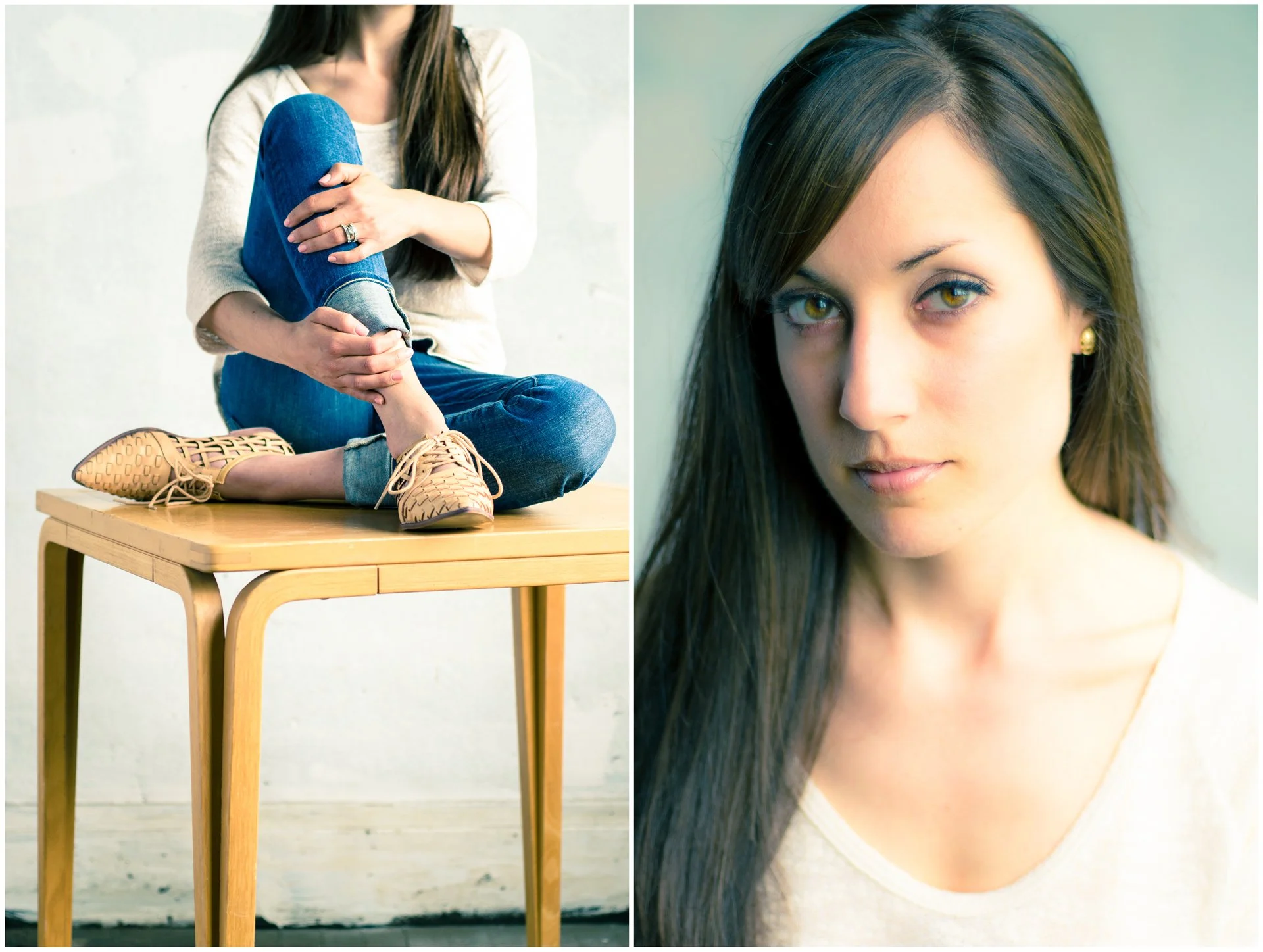A woman sitting cross-legged on a wooden table, holding her ankle with both hands; she is wearing a beige sweater, blue jeans, and tan sneakers. Next to her, a close-up portrait of another woman with long dark hair, wearing a light-colored top, looki