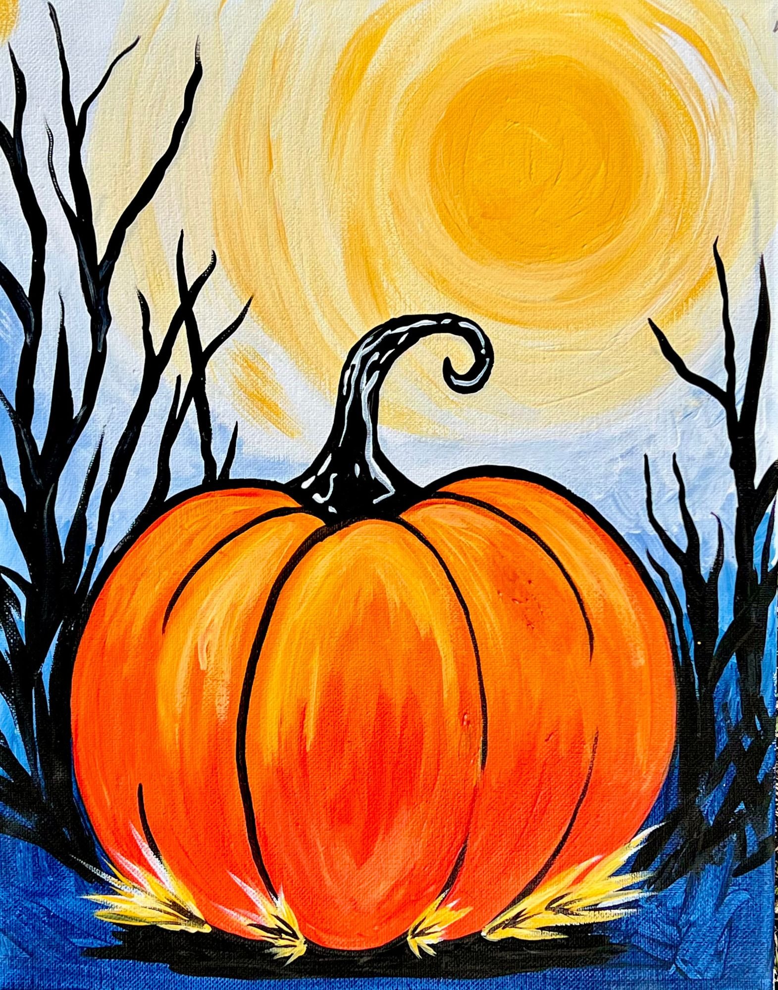 A large orange pumpkin with a curvy black stem, set against a background with a large yellow sun and leafless black trees, depicting a fall or Halloween scene.