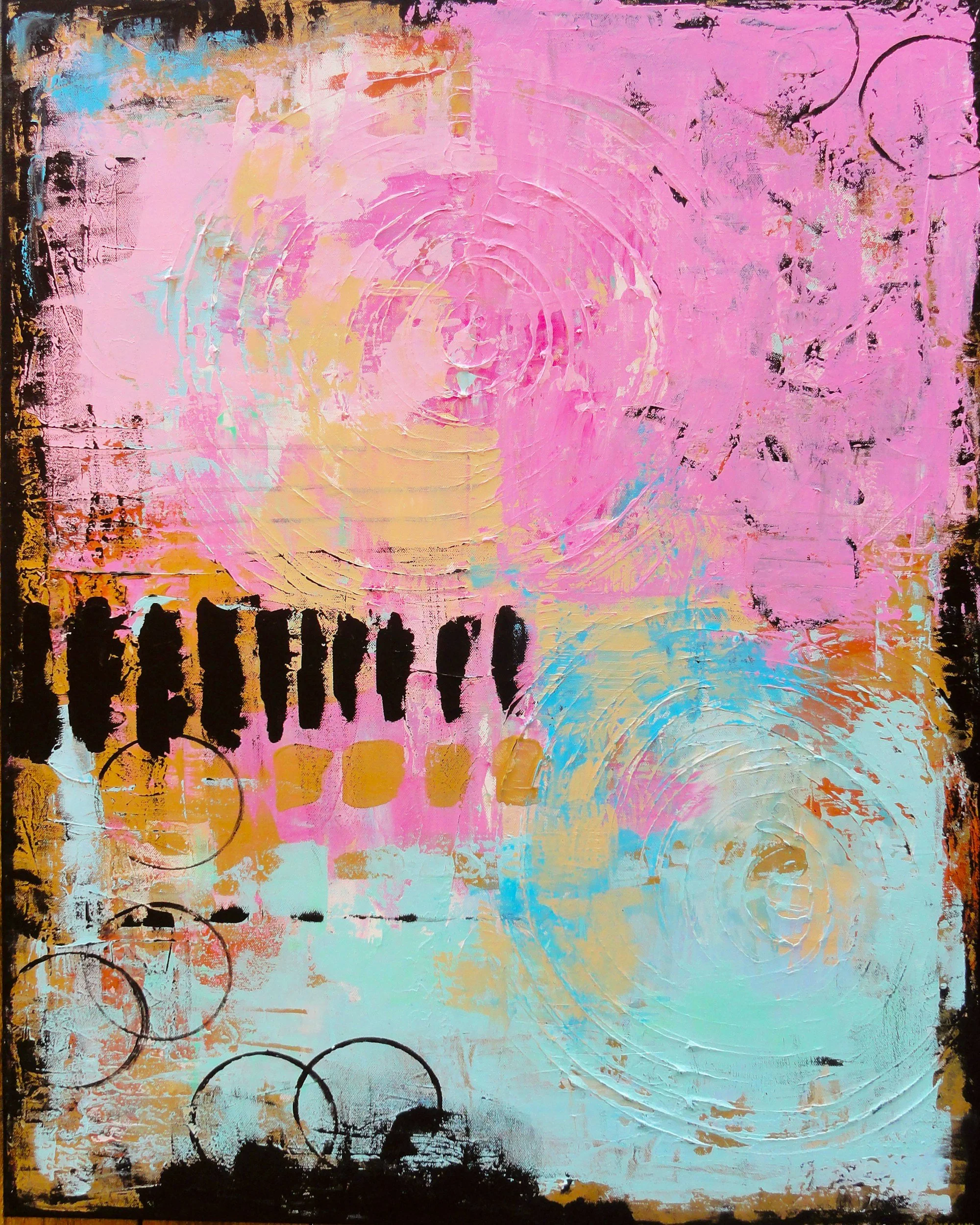 Abstract painting with pink, yellow, blue, and black colors, featuring circular patterns and textured brush strokes.