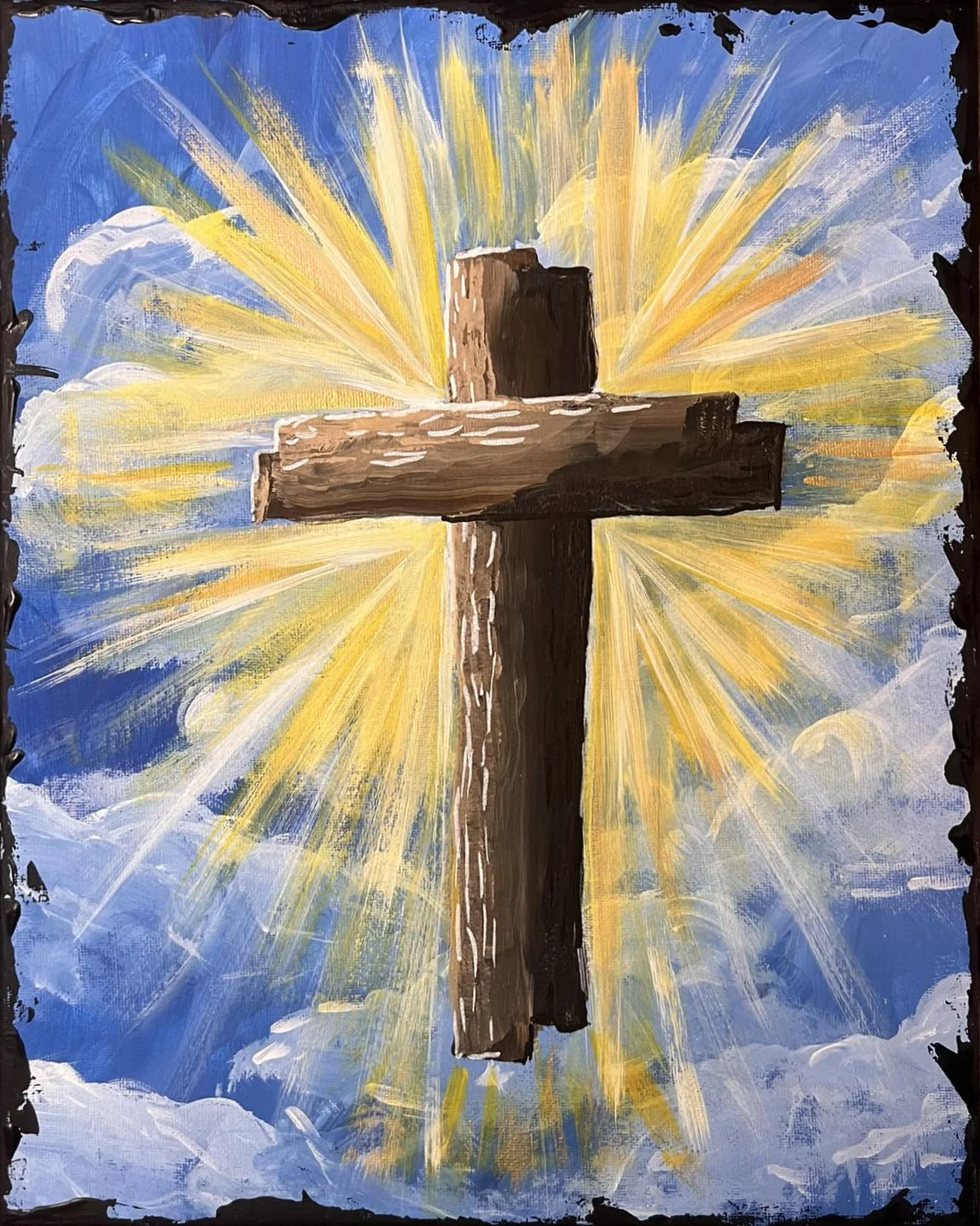 Painting of a wooden cross with sunlight radiating behind it against a background of blue sky and white clouds.