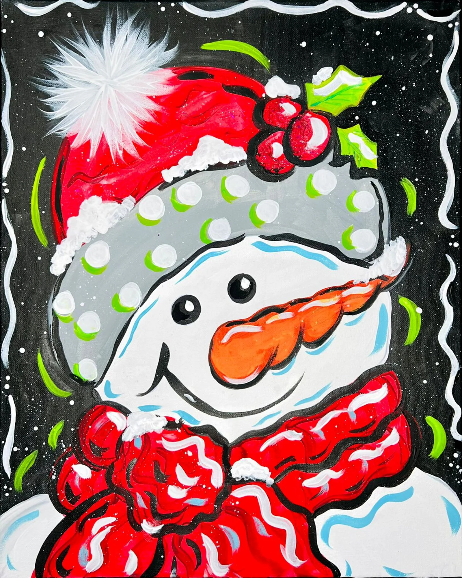 A snowman with a carrot nose and black eyes wearing a gray hat with green polka dots and a red Santa hat, surrounded by Christmas decorations and snowflakes on a black background.