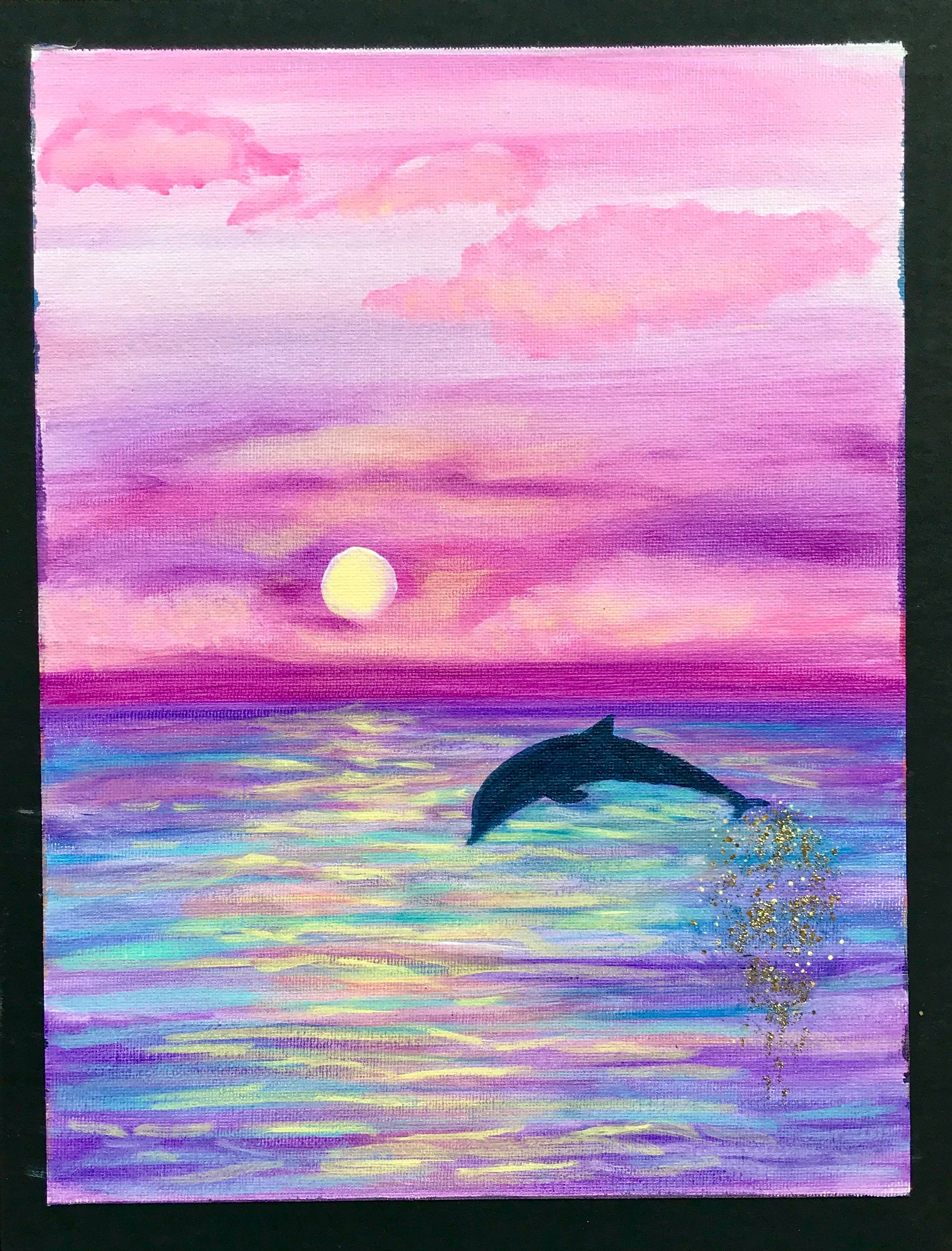 Painting of a dolphin jumping out of the water during a vibrant pink and purple sunset over the ocean, with some golden glitter accents.