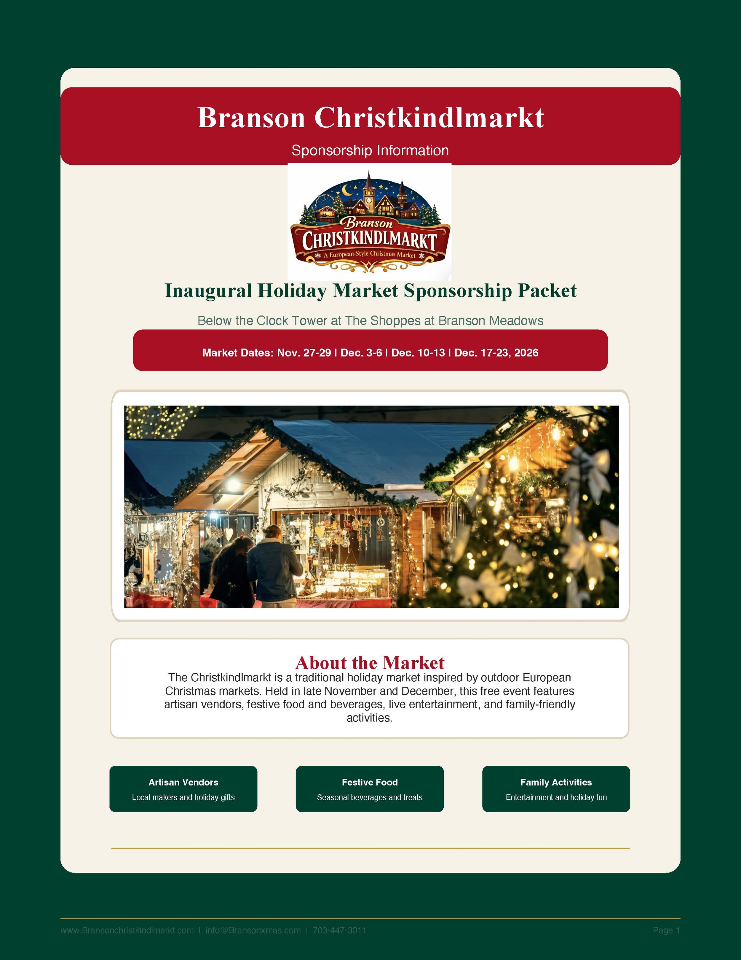 A promotional flyer for the Branson Christkindlmarkt, a European-style Christmas market in Branson, Missouri. The flyer features a festive image of holiday market stalls lit up at night with Christmas lights and decorations, and includes sponsorship and event detail information.