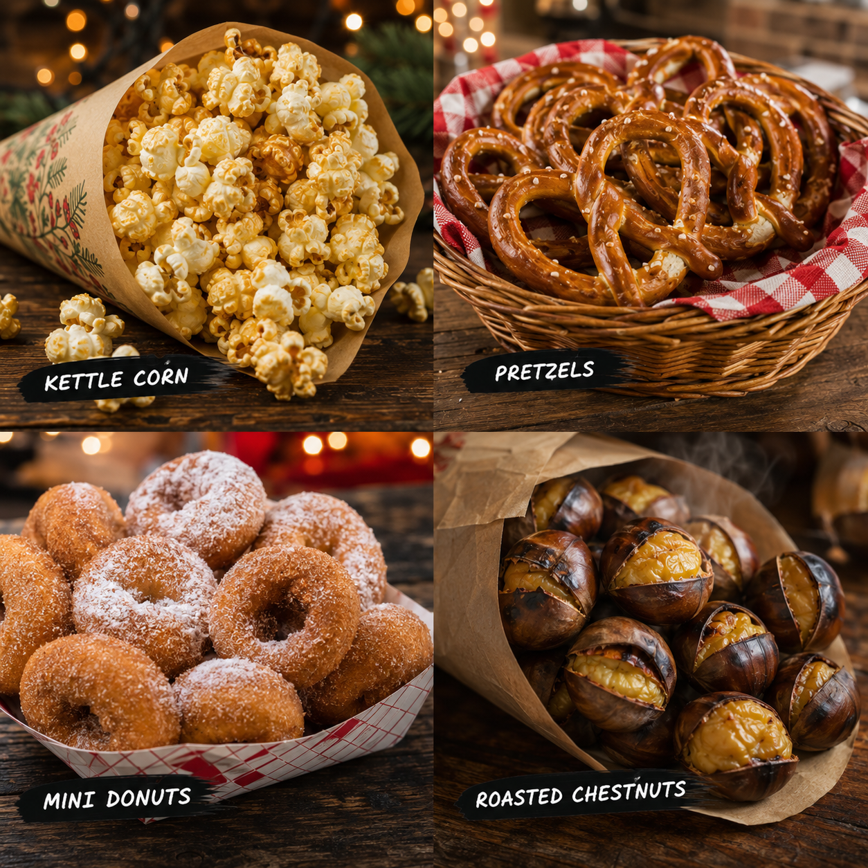 Kettle corn, pretzels, donuts and roasted chestnuts