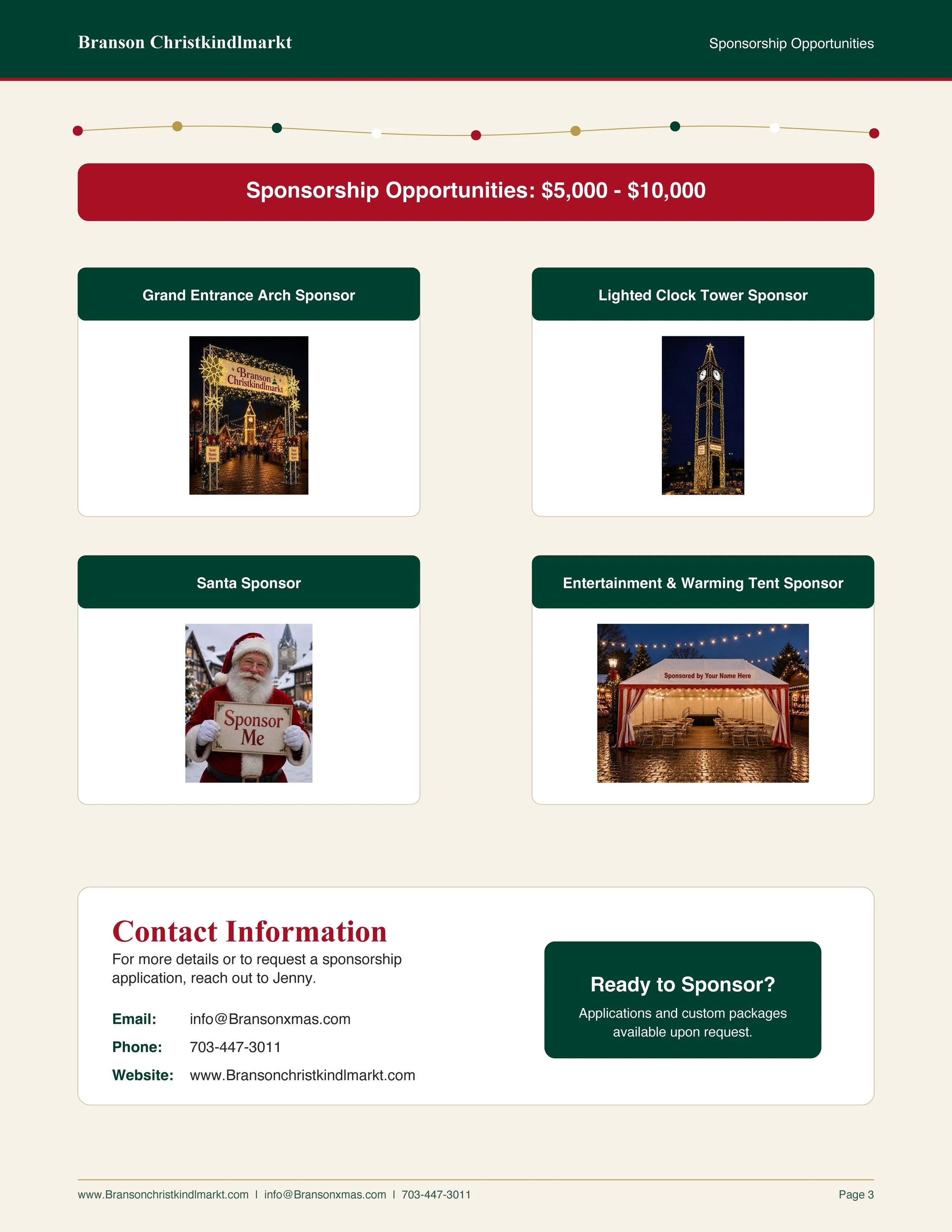 A webpage about sponsorship opportunities at Branson Christkindlmark, featuring images of festival sponsors and info for potential sponsors.