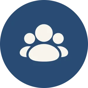 Icon of a group of four stylized animals or people inside a dark blue circle