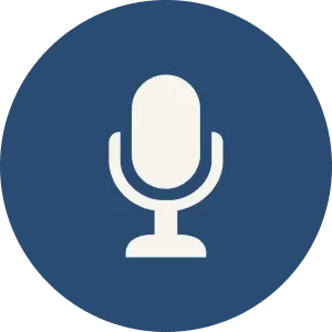 Microphone icon on a blue circular background.