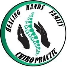 Logo with the words 'Healing Hands Family Chiropractic' surrounding a graphic of two black hands with a green spinal column between them.