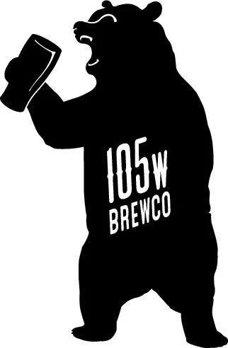 Silhouette of a bear holding a beer mug, wearing a shirt that says '105W BREWCO'.