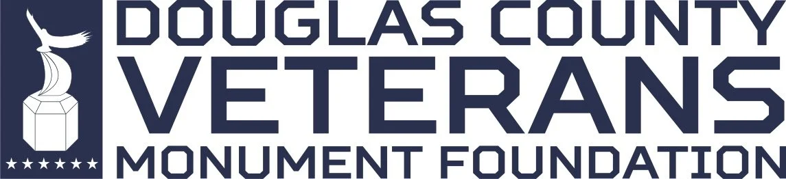 Logo for Douglas County Veterans Monument Foundation featuring an eagle and a star, with text in bold, capital letters.