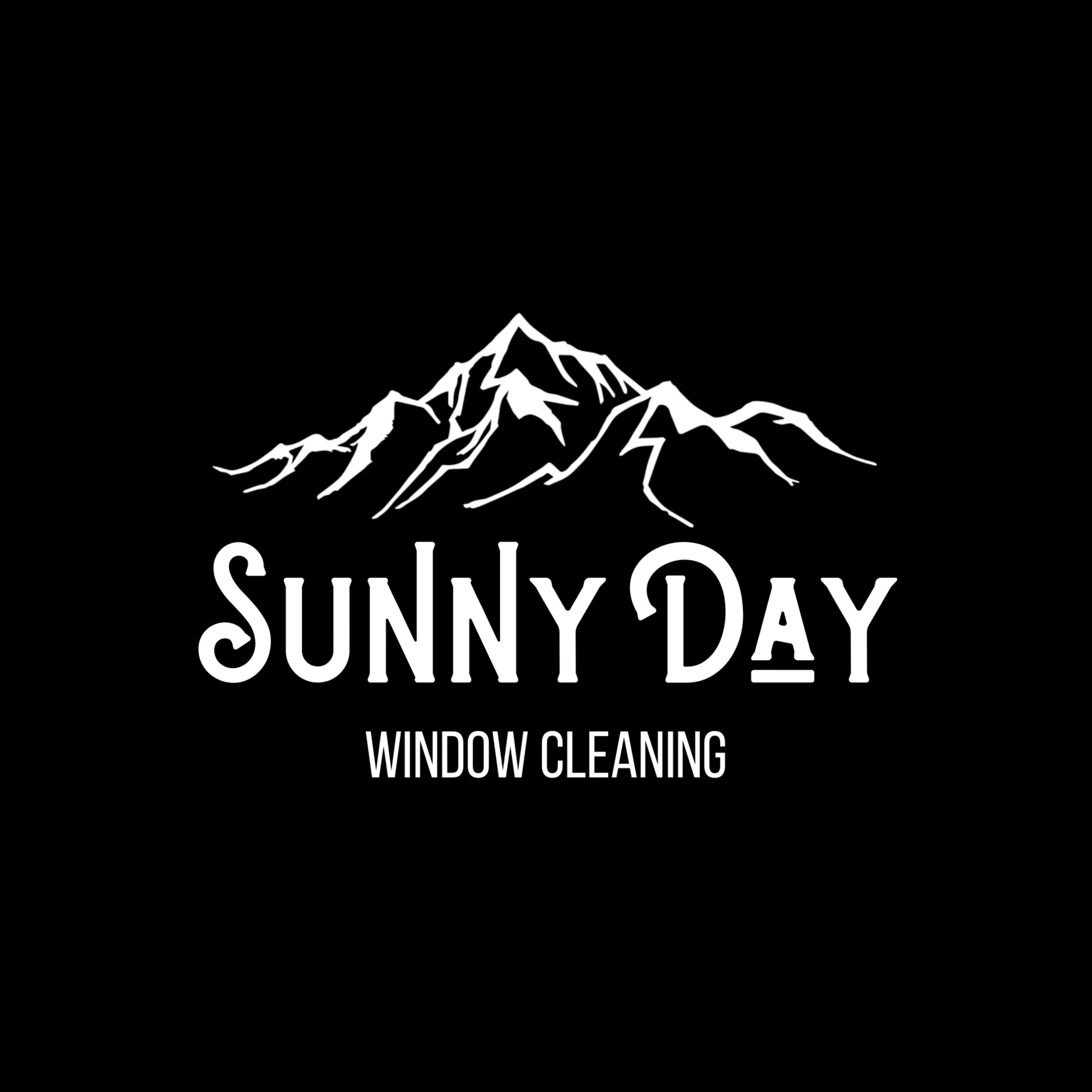 Black background with white mountain graphic and text that reads "Sunny Day Window Cleaning".