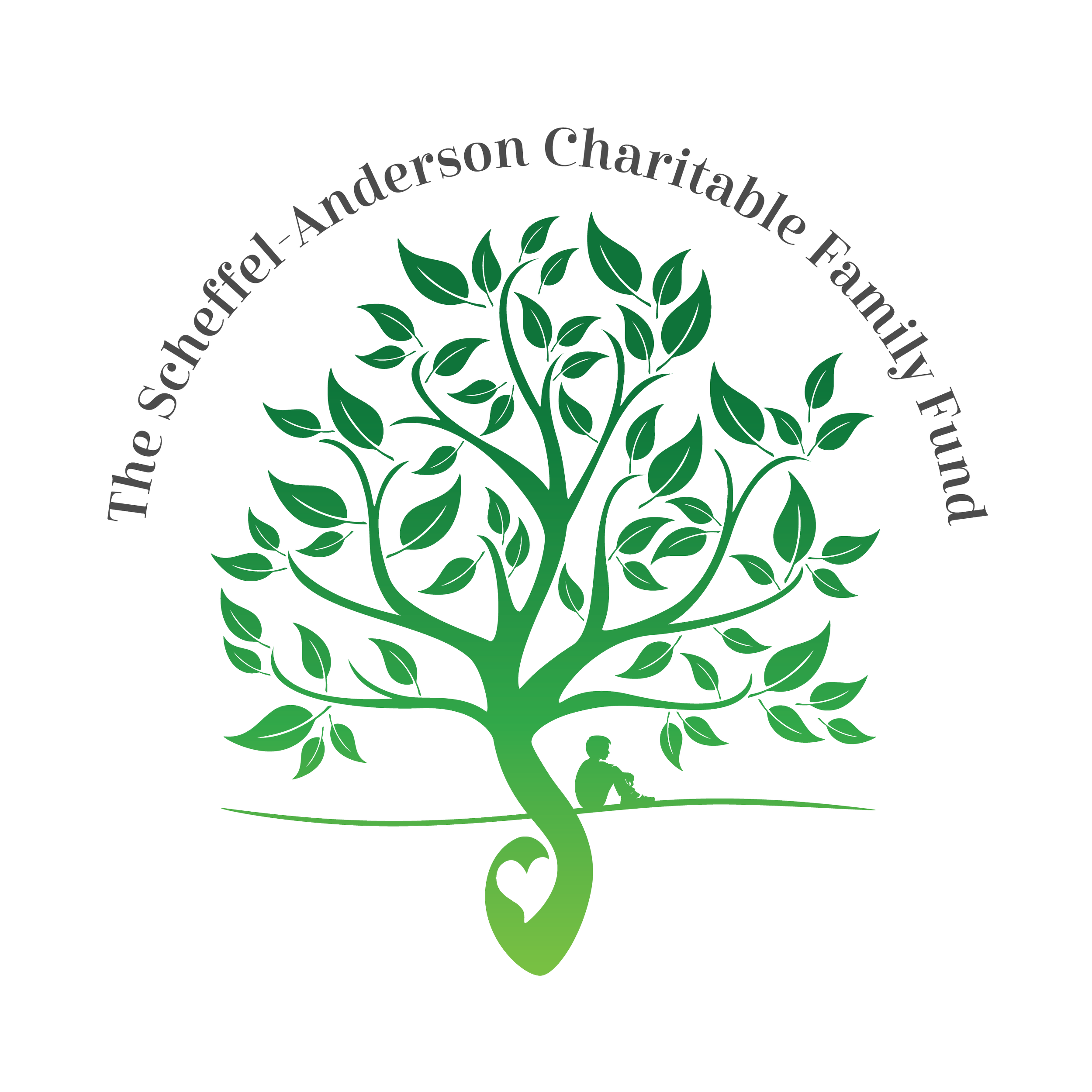 A green tree with many leaves, with the silhouette of a person sitting at the base, reading a book, behind the tree. Text arching above the tree reads 'The Scherier-Anderson Charitable Healthcare and Educational Fund'.