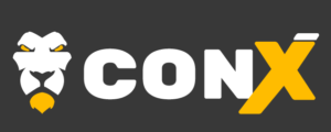 Logo with a lion's face icon and the text 'CONX' on a black background, with 'CON' in white and 'X' in yellow.