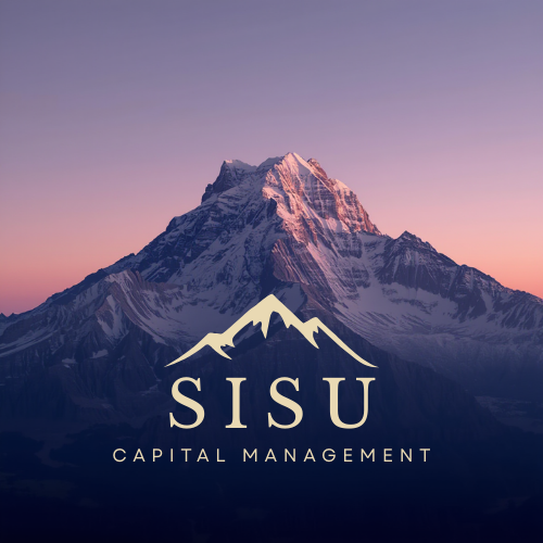A mountain peak with snow at sunset or sunrise, with a logo for SISU Capital Management featuring stylized mountain peaks and the company name.