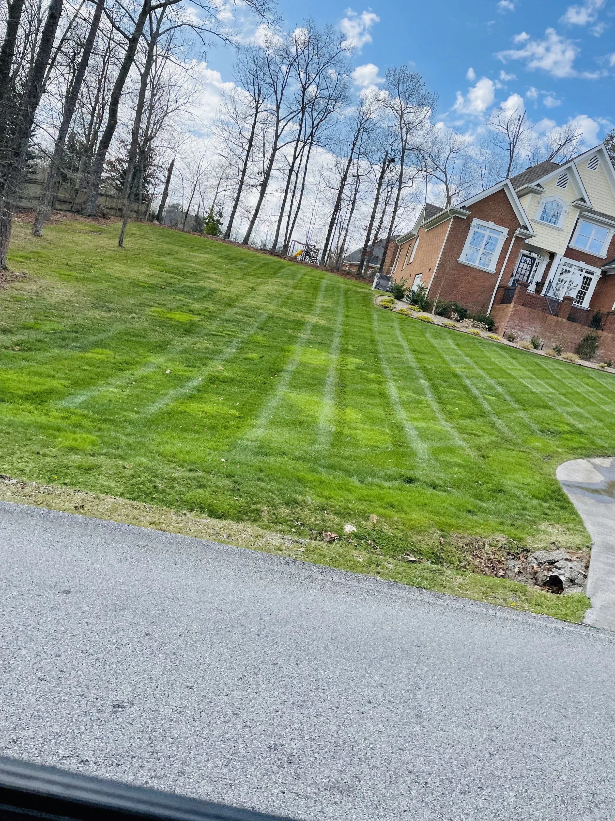 Freshly mowed lawn with clean striping, creating a crisp, healthy look that instantly boosts curb appeal.