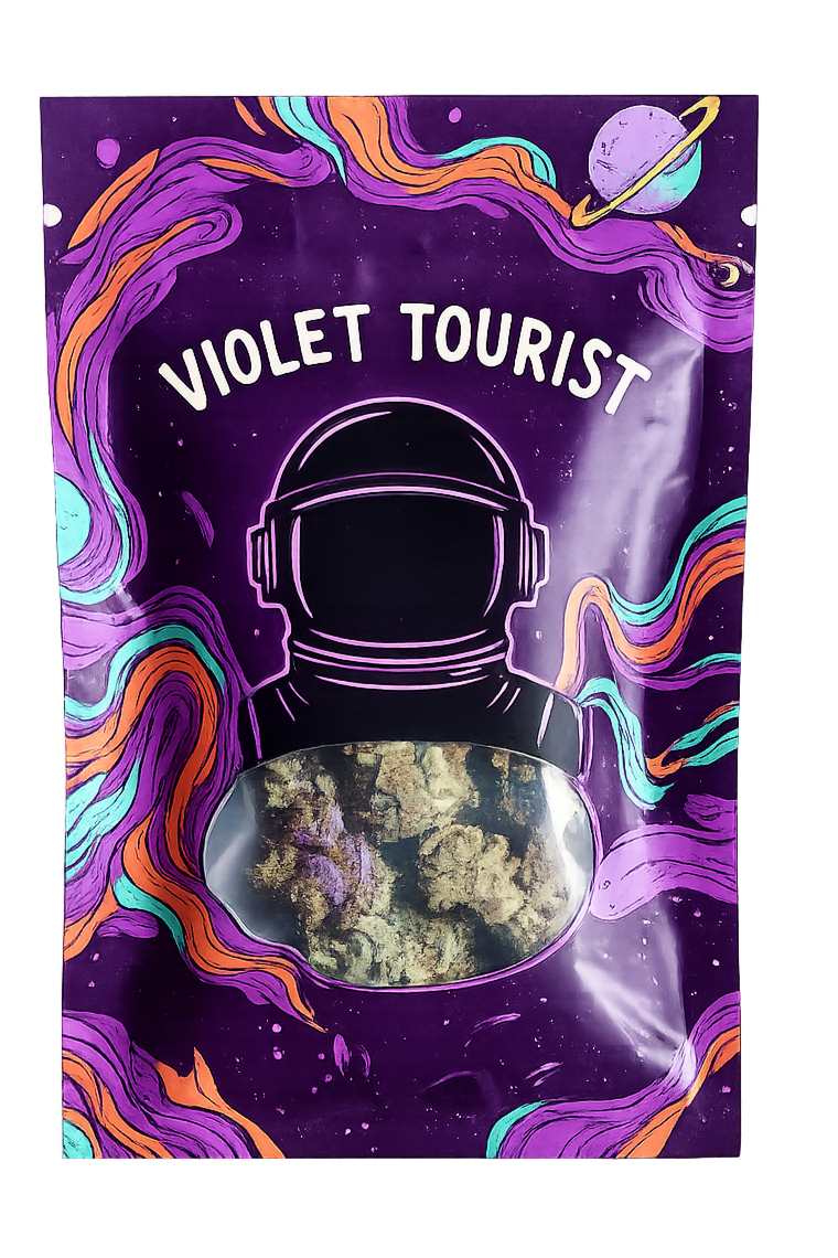 Packaging with a space theme, showing a black outline of an astronaut's helmet and the text 'Violet Tourist' on a purple background with swirling colorful lines and planets.