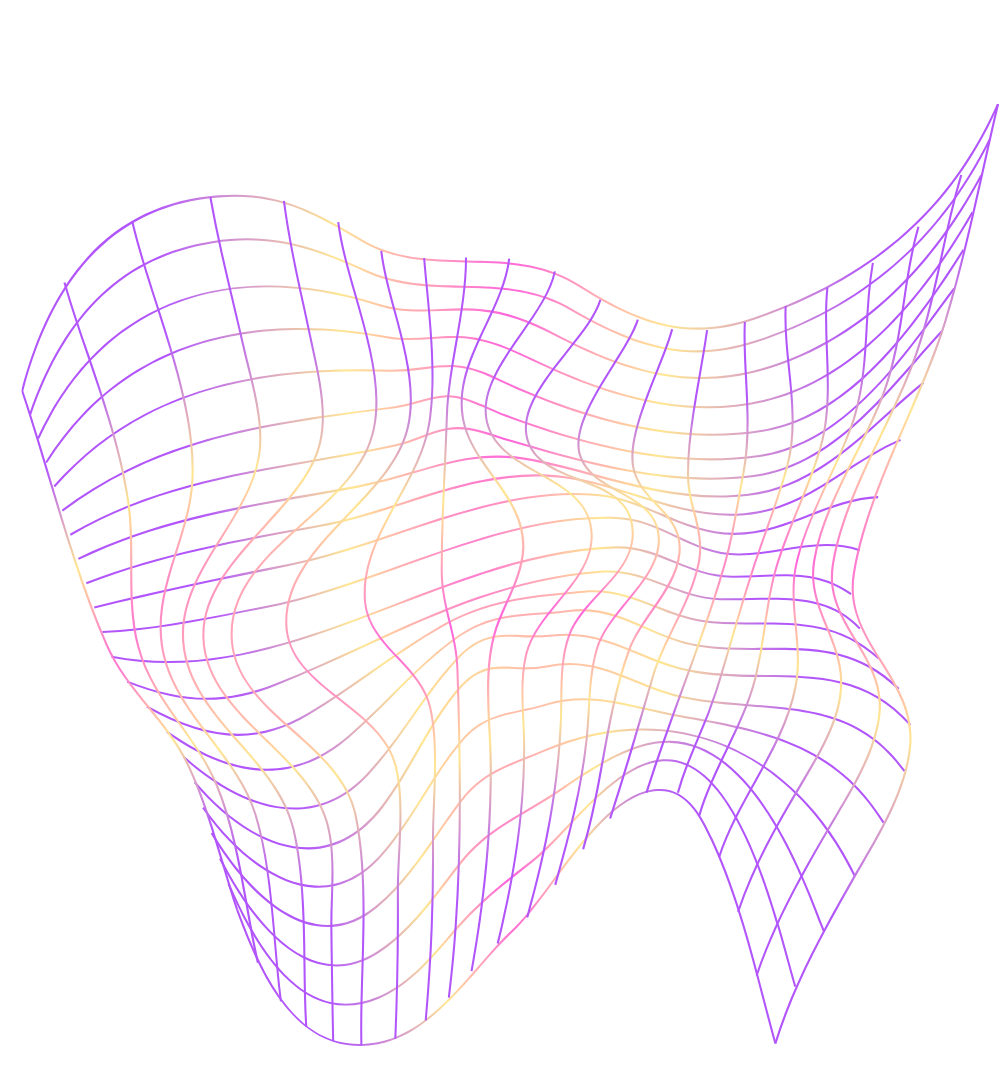 A 3D wireframe grid with purple, pink, and beige lines on a black background, curved into a wave-like shape.