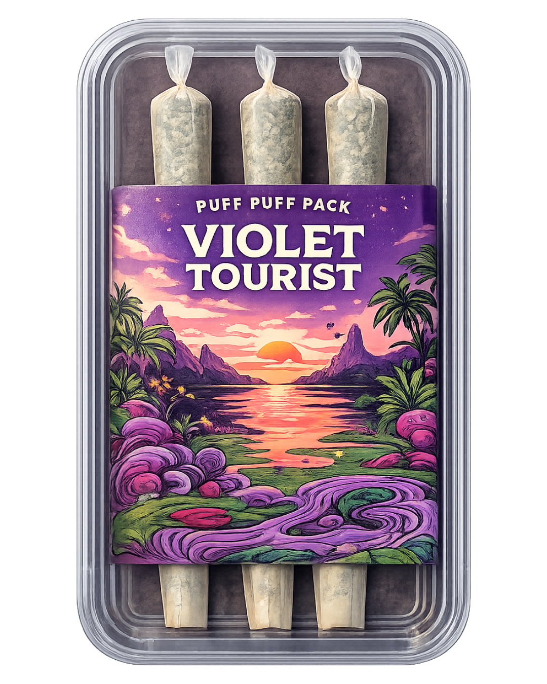 Plastic container with three violet-flavored puff pastry sticks, purple scenic label with sunset, mountains, and tropical plants.