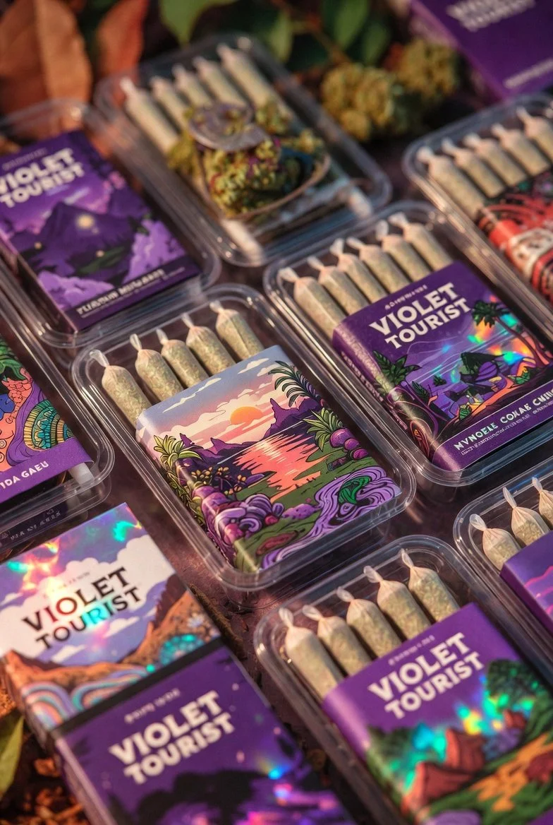 Multiple cannabis pre-rolled joints in plastic containers with colorful, tropical-themed boxes labeled 'Violet Tourist' and featuring landscape illustrations.