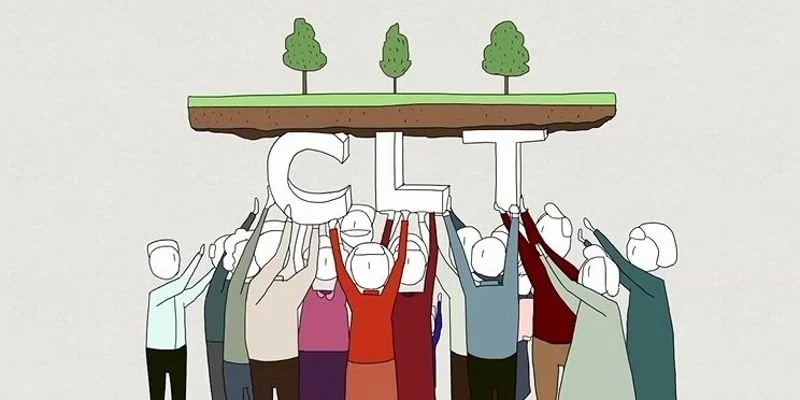 Illustration of many people working together to hold up the letters CLT with a square of land on top of them