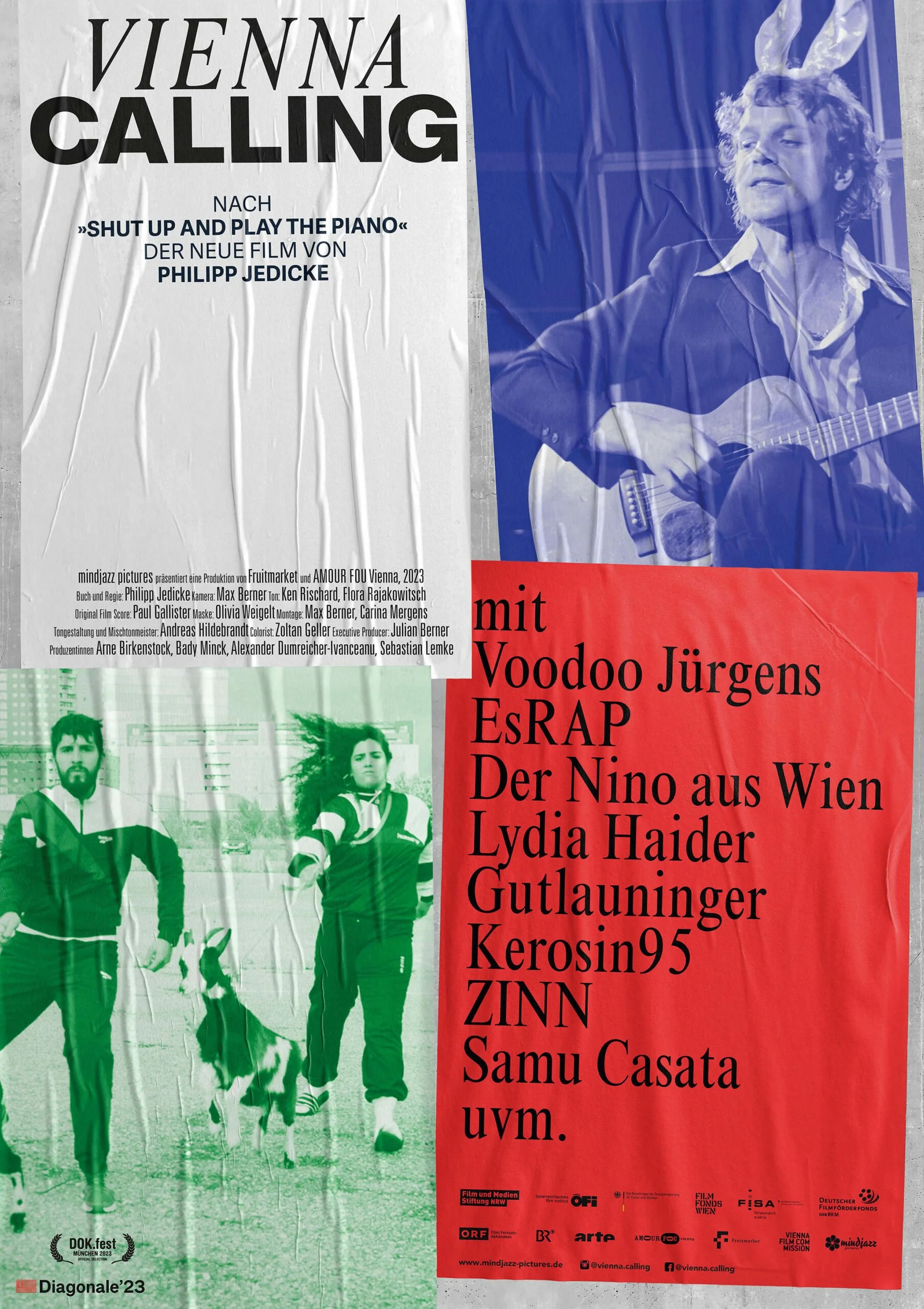 Ein Filmposter mit Voodoo Jürgens und dem Duo Esrap sowie dem Schriftzug "Vienna Calling".