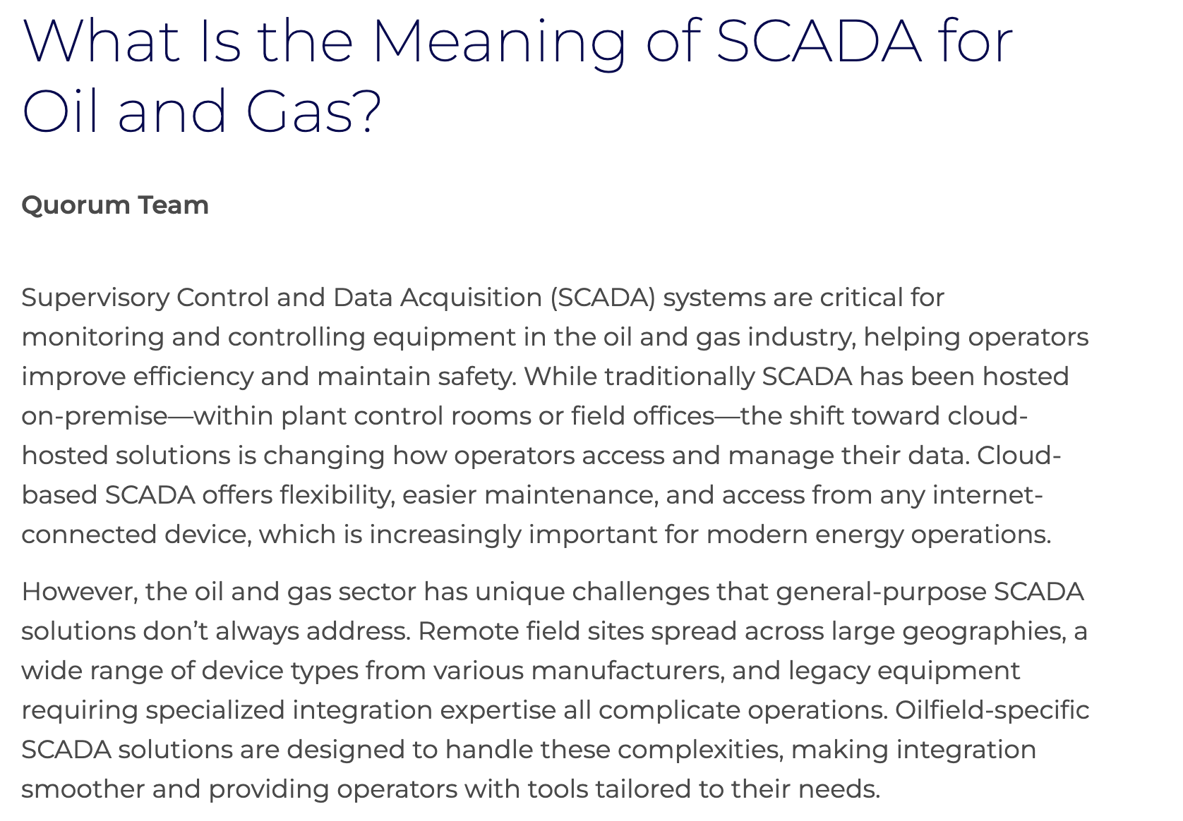 Article titled 'What Is the Meaning of SCADA for Oil and Gas?' discussing SCADA systems in the oil and gas industry, including cloud-based solutions and challenges unique to the sector.