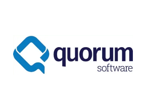 Logo of Quorum Software with a blue geometric symbol and the company name in blue text.