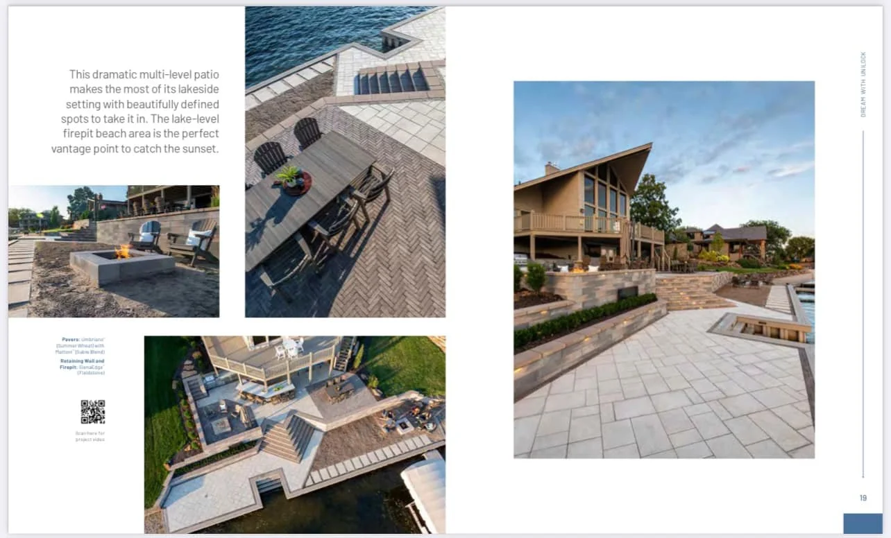 Multiple views of a lakeside patio featuring engineered stone and brick pavers, a firepit, outdoor seating, and landscaped stairs with railings.
