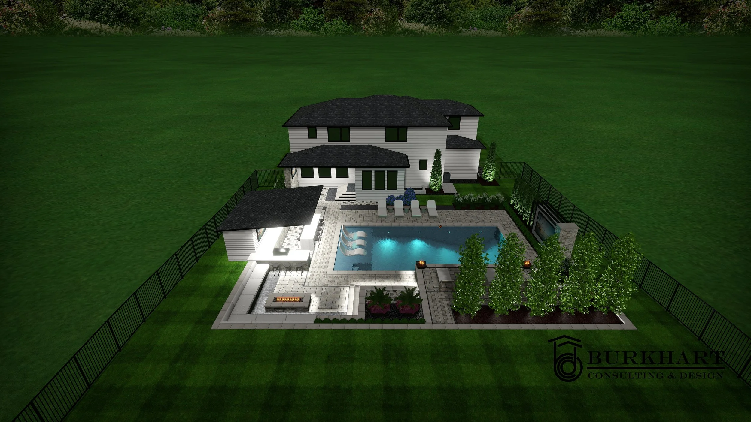 Aerial view of a modern backyard with a swimming pool, lounge chairs, patio, outdoor fireplace, landscaped garden, and house in the background.