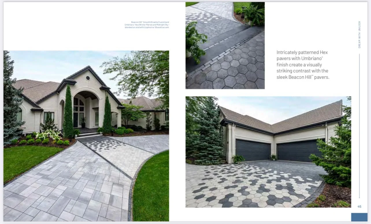 Images of a house with a driveway featuring hexagonal pavers with a contrasting pattern. One image shows a front view of the house with landscaping, including trees and bushes. The other images show close-ups of the patterned hexagonal pavers in the driveway and walkway, illustrating the design and contrast with darker pavers.