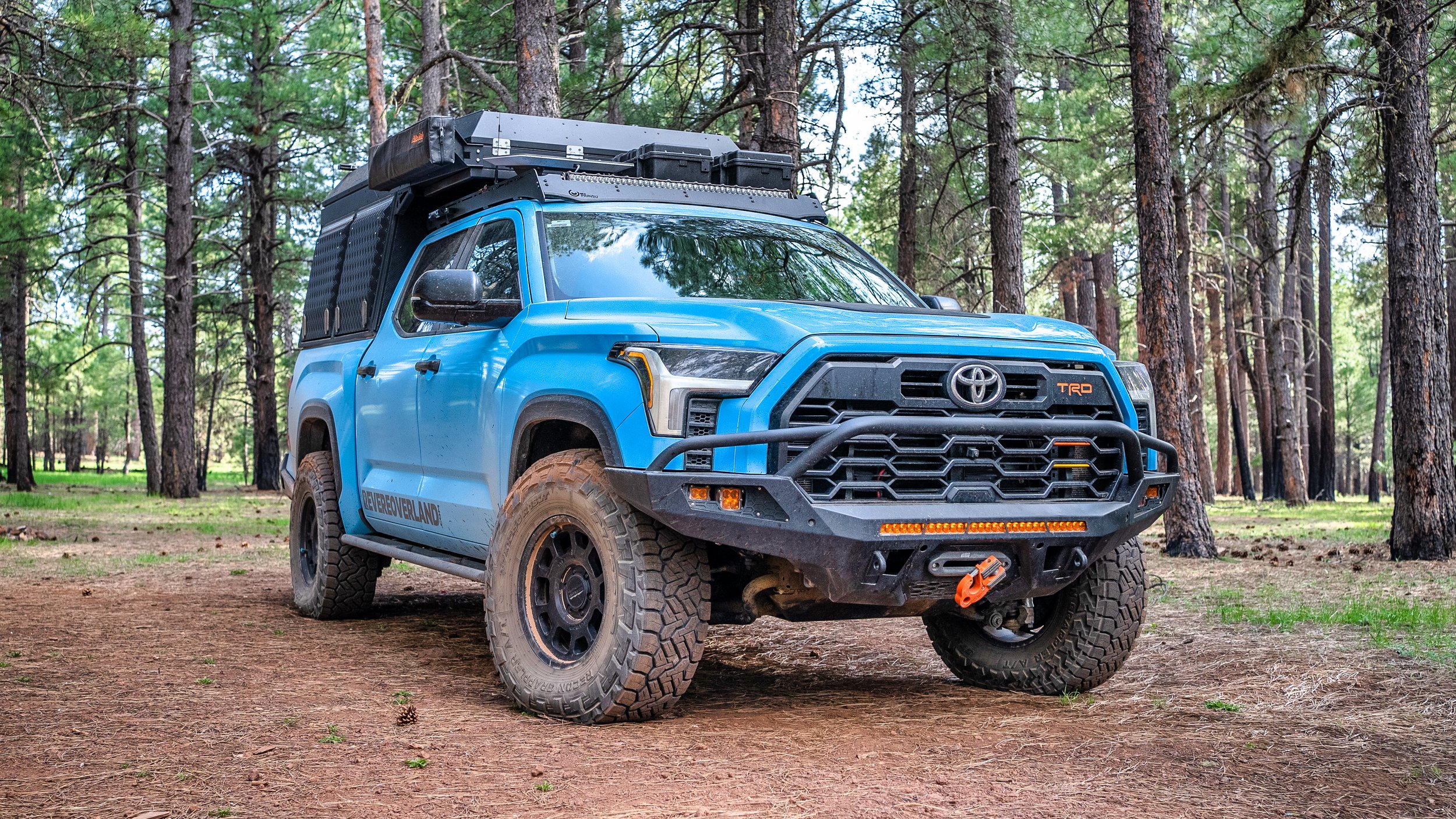 A blue Toyota off-road vehicle with rugged tires, a front bumper guard, and roof storage, parked in a forest with tall trees and green foliage.