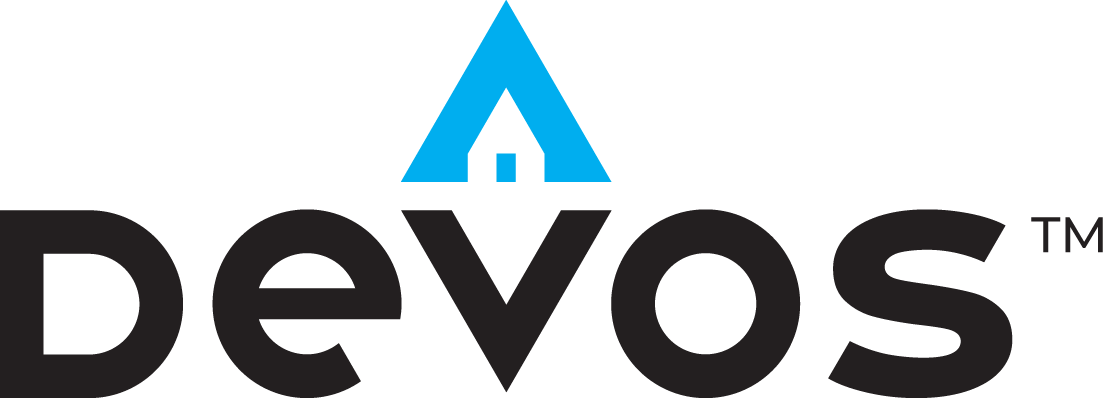 DeVos logo with a stylized blue roof over a small window, and black text reading 'DeVos'