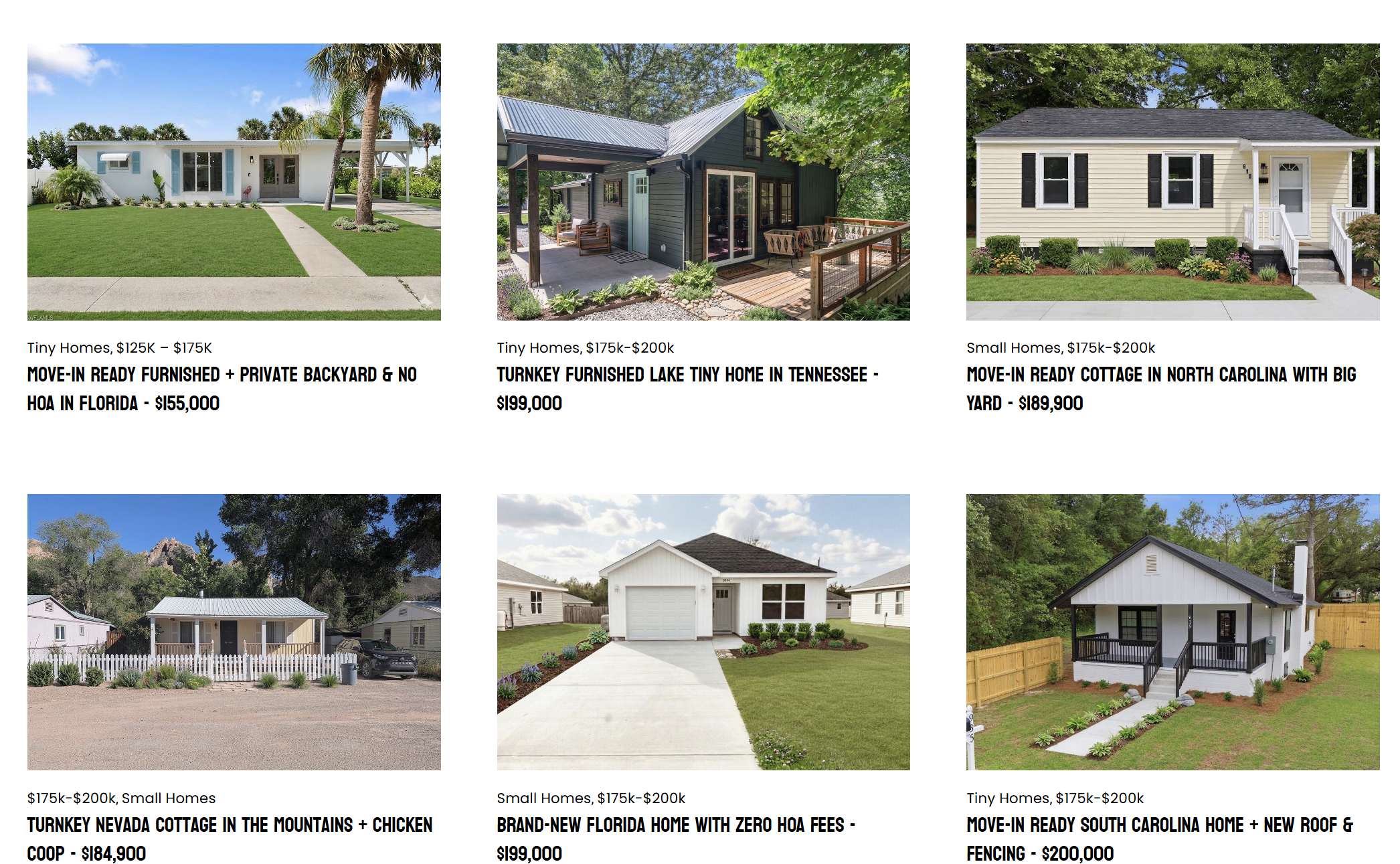 Photographs of various small homes and cottages for sale with prices and descriptions, including details about their locations and features.