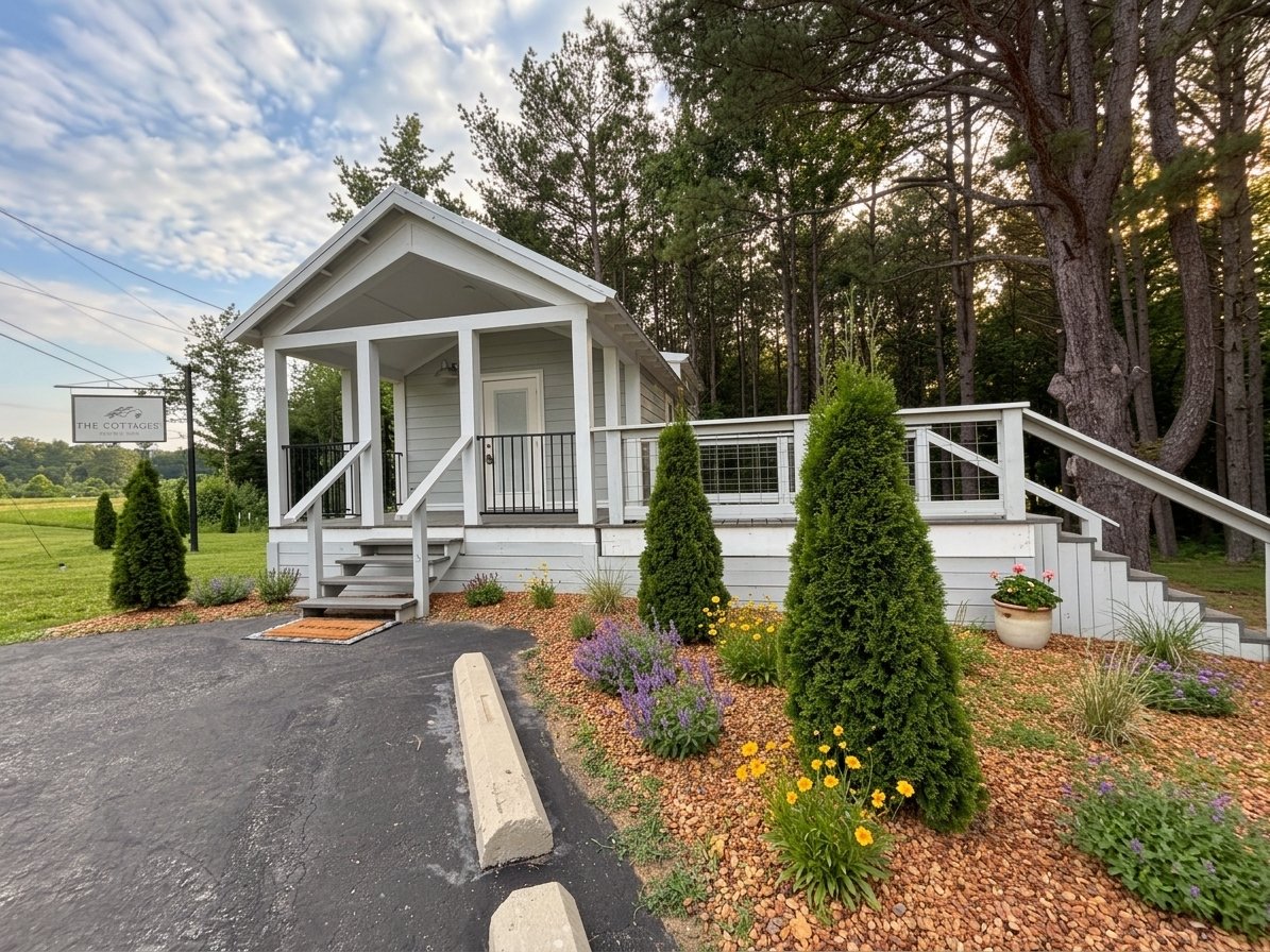 Small white house with a porch and steps, surrounded by trees and a landscaped flower bed with green shrubs and colorful flowers, with an adjacent paved parking area.
