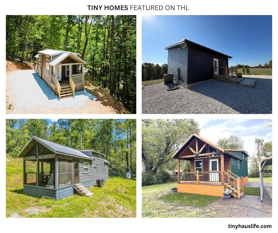 Four tiny homes with different designs and colors, set outdoors in wooded or grassy areas.