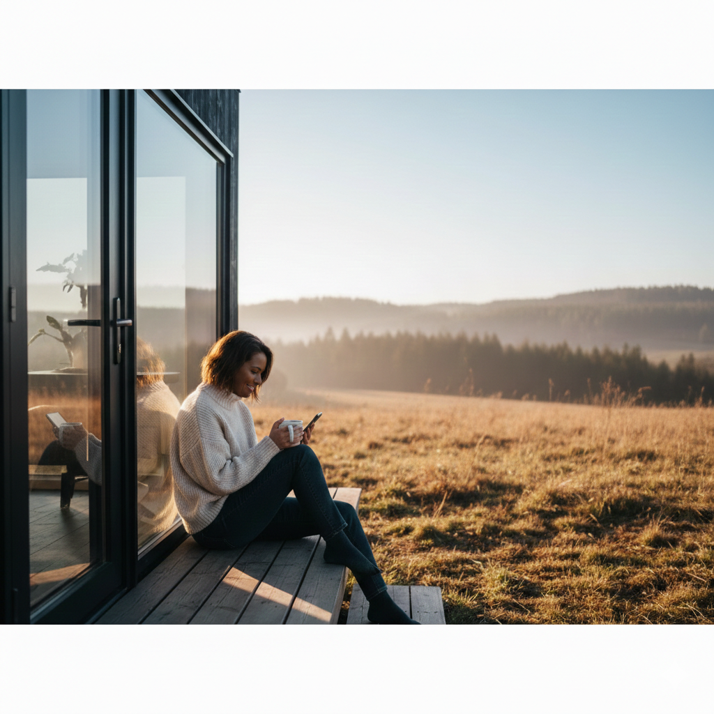 A woman sitting on a wooden deck outside a modern glass house, holding a mug and looking at her phone, with a scenic landscape of open fields and distant hills in the background.