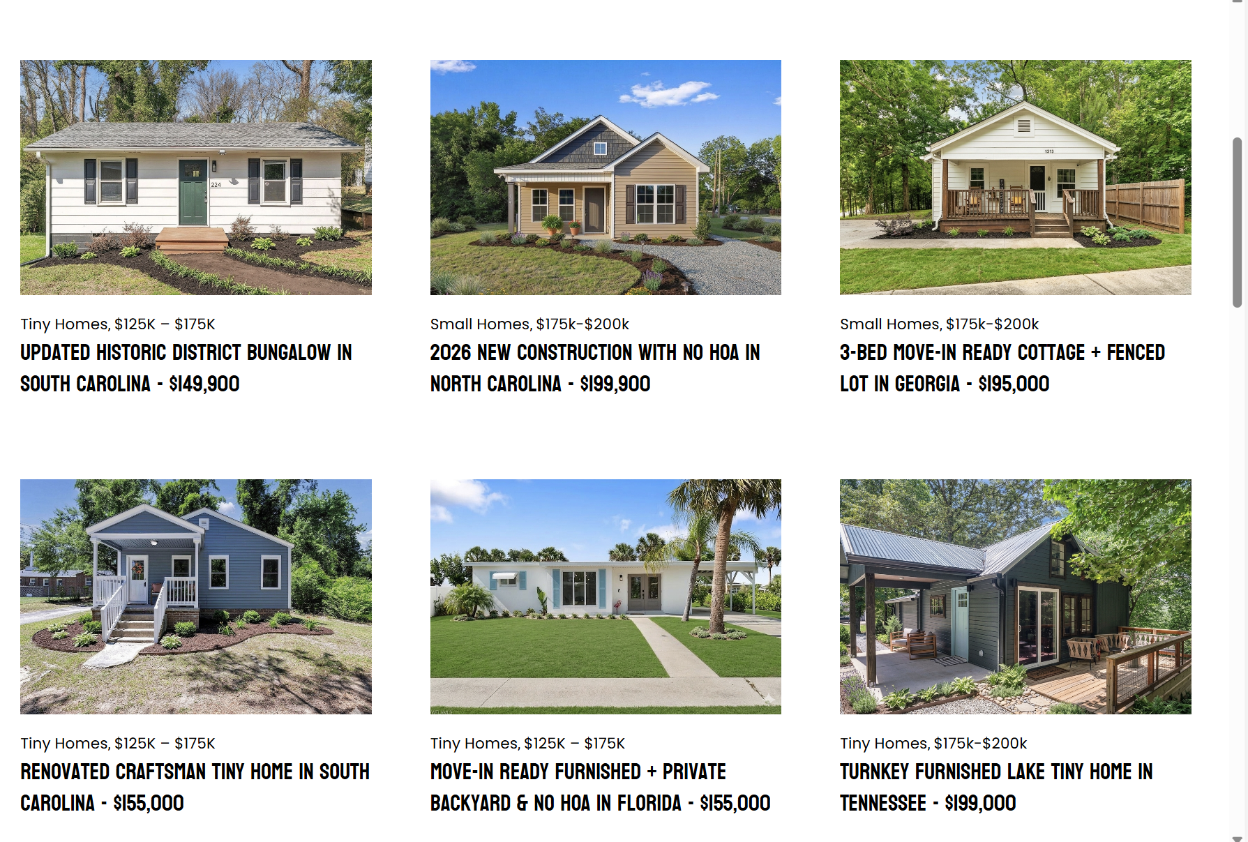 A collection of six different small homes and cottages, each with a description and price listed below. The homes vary in style, size, and location, with some featuring porches, decks, or landscaped yards.