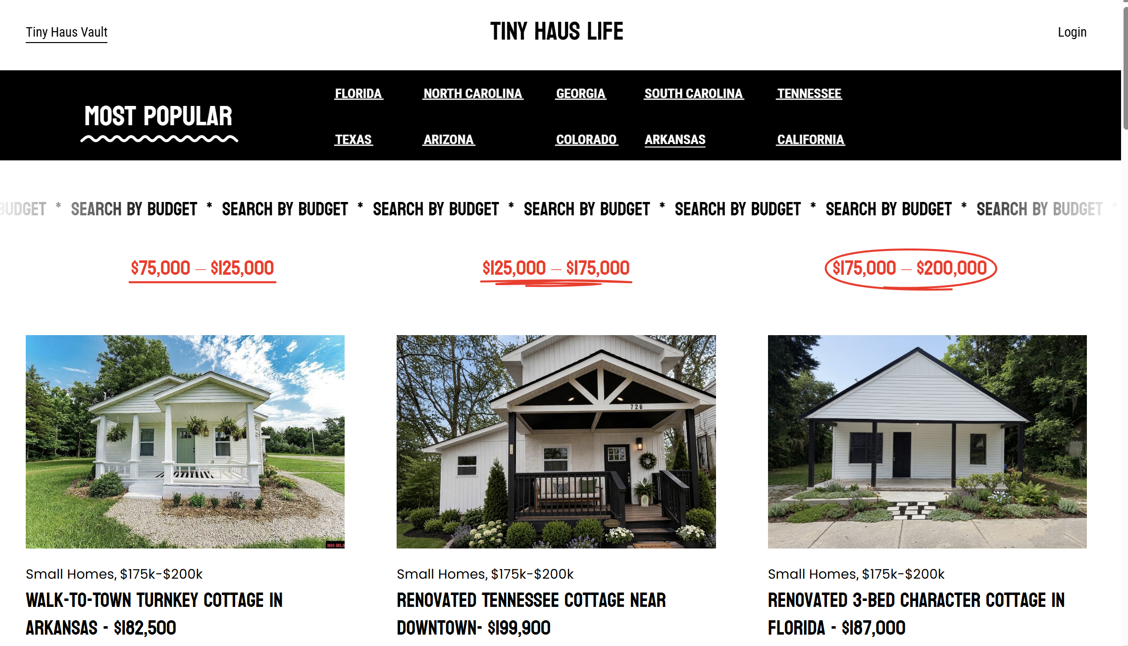 Website page showing small homes for sale in different states, with images of three small houses, and price ranges from $75,000 to $200,000.