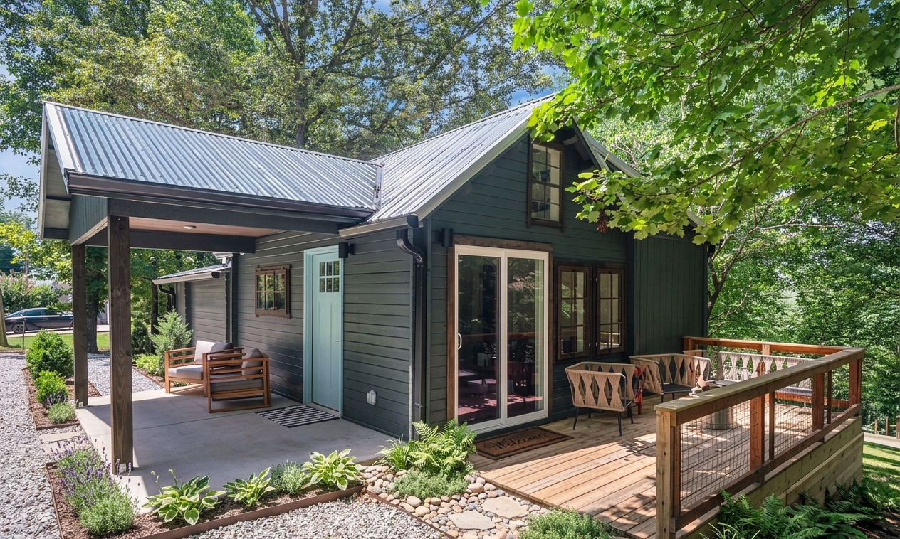 A modern house with a metal roof, a small patio with outdoor furniture, and surrounded by lush greenery.